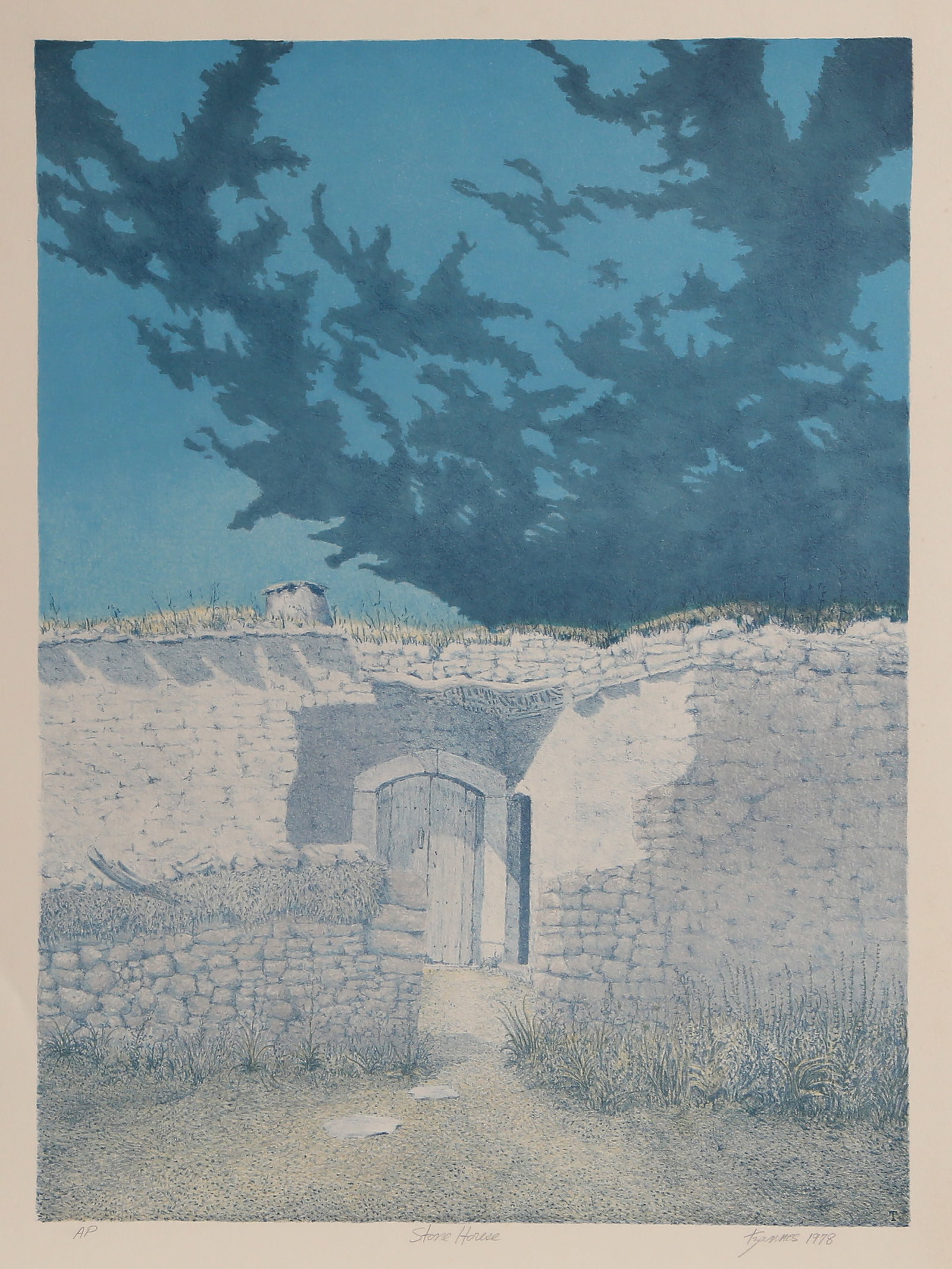 George Tzannes, Stone House, Lithograph: Artist: George Tzannes, American (1946 - ) Title: Stone House Year: 1978 Medium: Lithograph on Arches, signed, titled, numbered and dated in pencil Edition: AP Image Size: 22 x 16 inches Size: 28.5 x