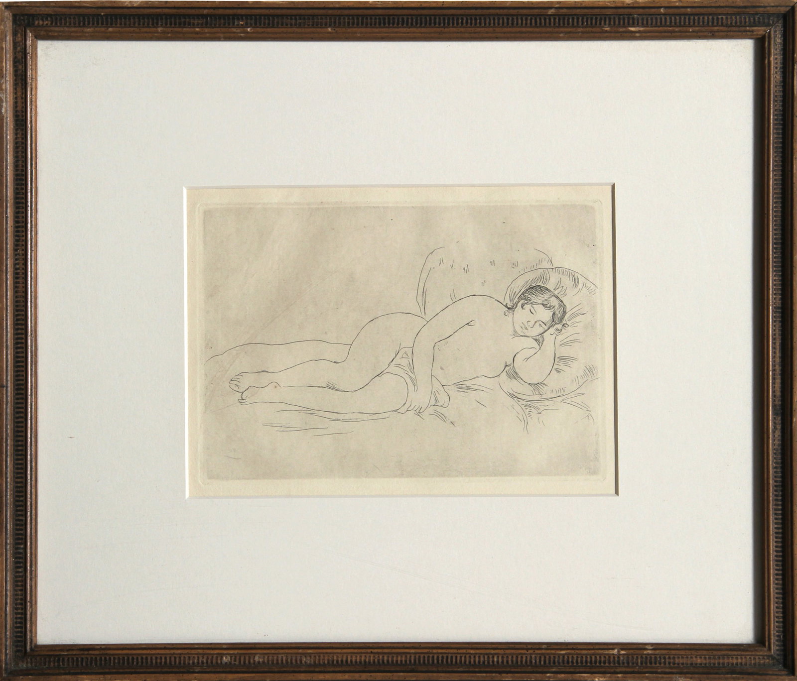 Pierre-Auguste Renoir, Femme Nue Couchee, Drypoint Etching: Artist: Pierre-Auguste Renoir, French (1841 - 1919) Title: Femme Nue Couch?e (Tourn?e ?Droite) Year: 1906 Medium: Drypoint Etching Image Size: 6 x 8 inches Size: 11.5 in. x 13.5 in. (29.21 cm x 34.29