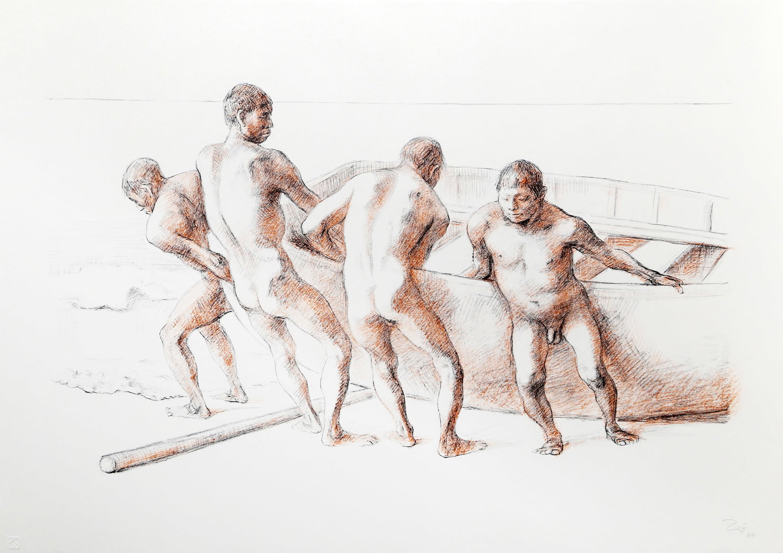 Francisco Zuniga, Hombres con Barca II (State II), Lithograph: Artist: Francisco Zuniga, Mexican (1912 - 1998) Title: Hombres con Barca II (State II) Year: 1984 Medium: Lithograph on Gray Rives BFK Paper, signed, numbered and dated in pencil Edition: 40 Size: 24.