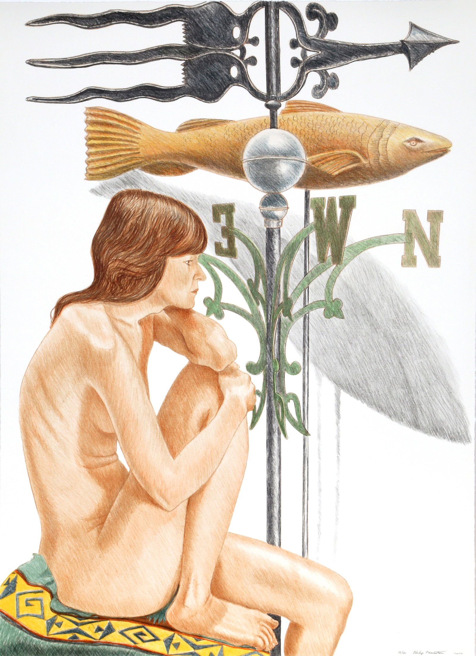 Philip Pearlstein, Nude Model, Lithograph: Artist: Philip Pearlstein, American (1924 - 2022) Title: Nude Model with Banner and Fish Weathervanes Year: 2010 Medium: Lithograph, signed and numbered in pencil Edition: 40 Size: 34.5 x 25 in. (87.6