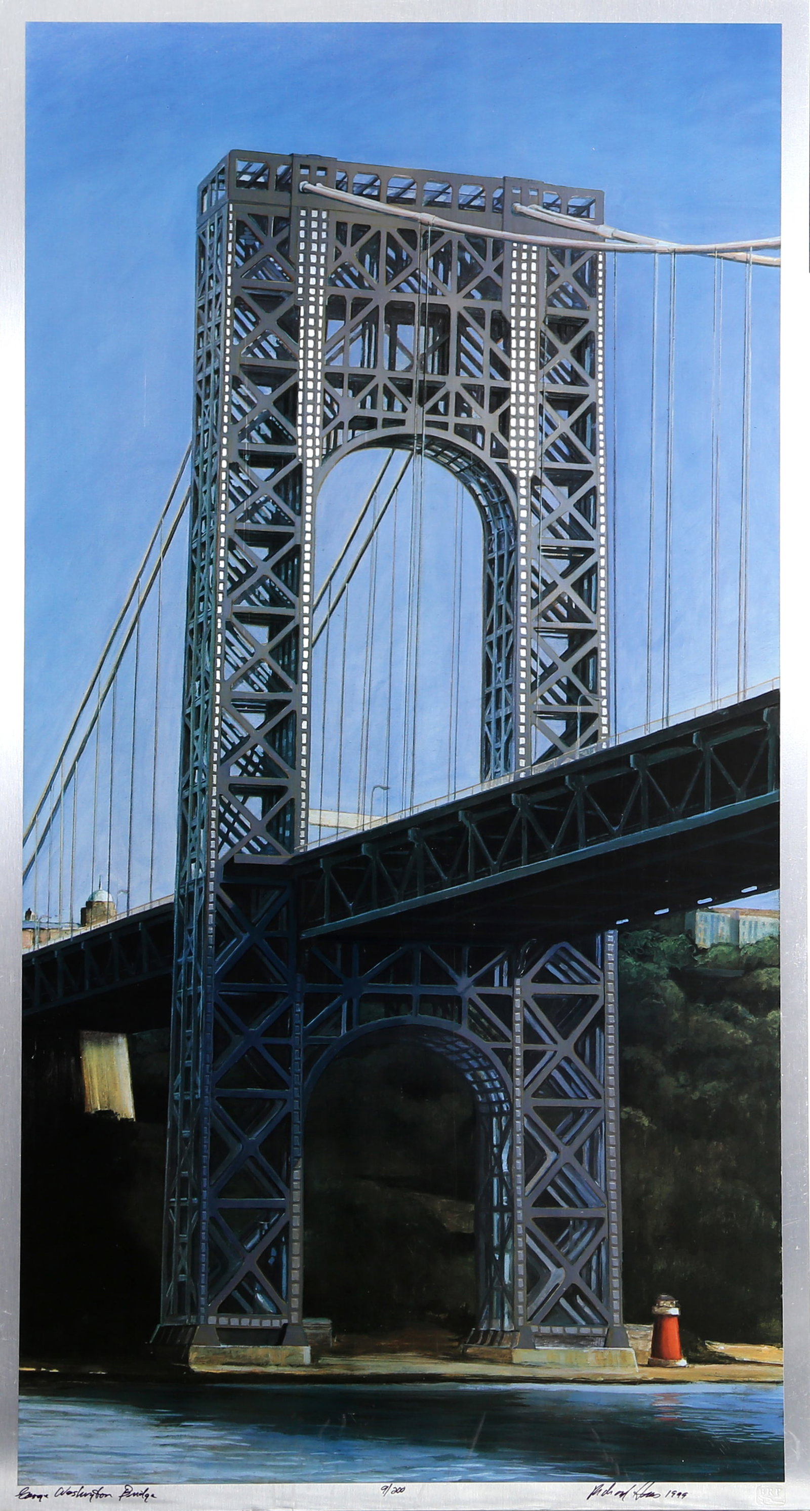 Richard Haas, George Washington Bridge, Lithograph: Artist: Richard Haas, American (1936 - ) Title: George Washington Bridge Year: 1999 Medium: Lithograph and Screenprint on Aluminum, signed and numbered Edition: 200 Image Size: 40 x 20 inches Size: 41