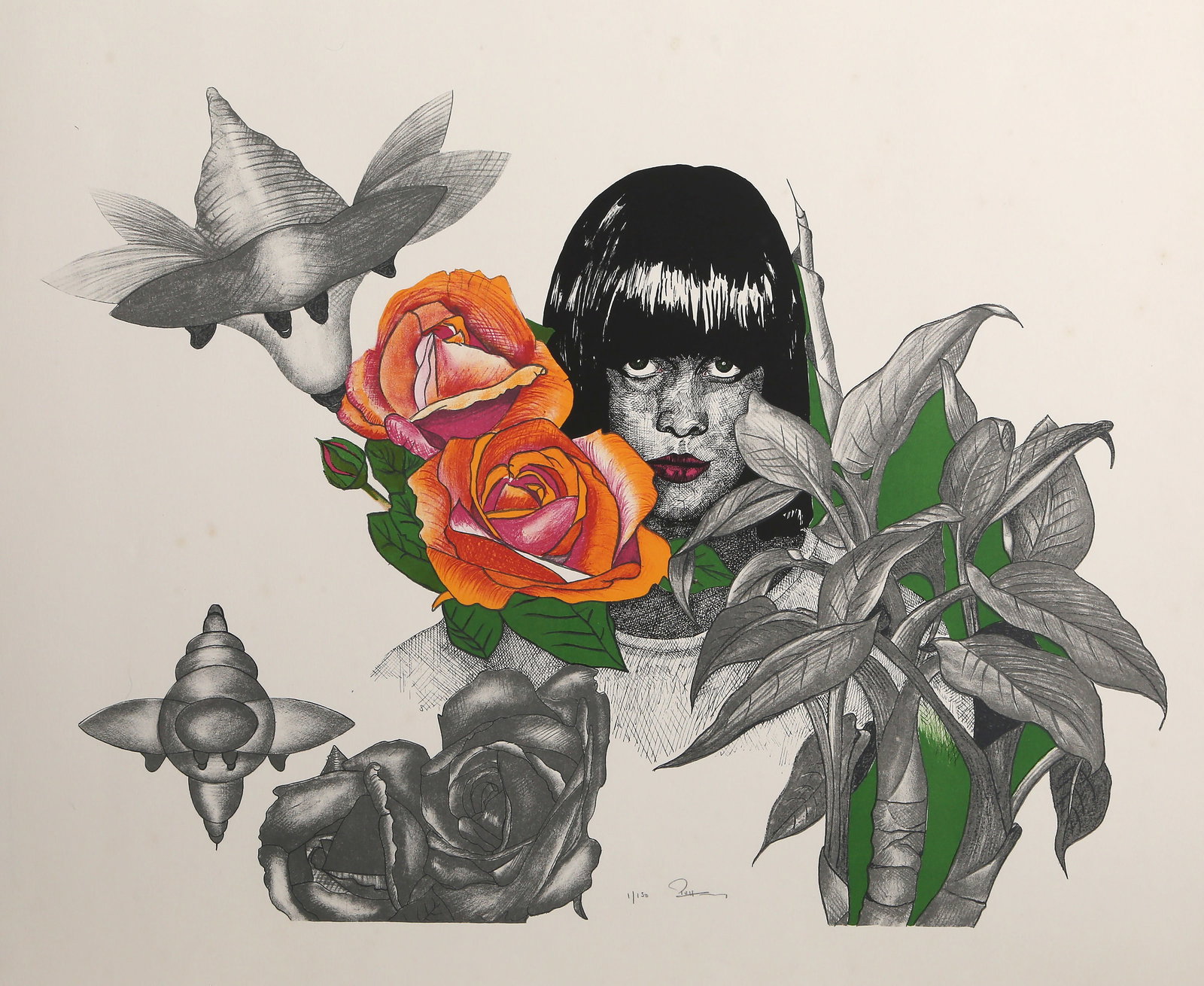 Paul van Hoeydonck, Roses and Bionic Bees, Lithograph: Artist: Paul van Hoeydonck, Belgian (1925 - 2025) Title: Roses and Bionic Bees Year: circa 1975 Medium: Lithograph on Arches, signed and numbered in pencil Edition: 1/150 Image Size: 21 x 26 inches Si