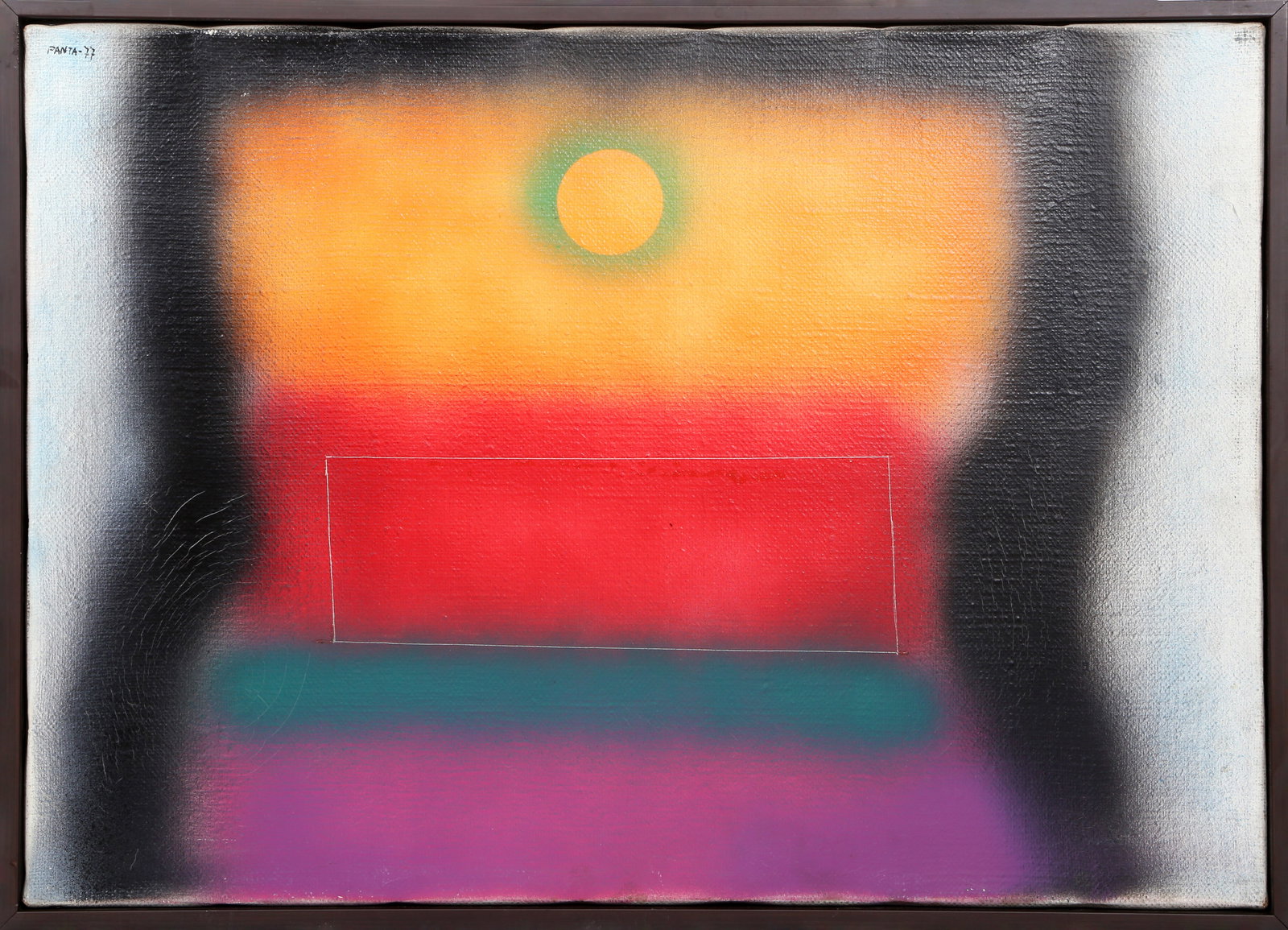 Ideo Pantaleoni, Experimentation VII, Airbrush: Artist: Ideo Pantaleoni, Italian (1904 - 1993) Title: Experimentation VII Year: 1977 Medium: Airbrush on Canvas, signed Size: 19.5 x 27.5 in. (49.53 x 69.85 cm) Frame Size: 21.5 x 28 inches Descriptio