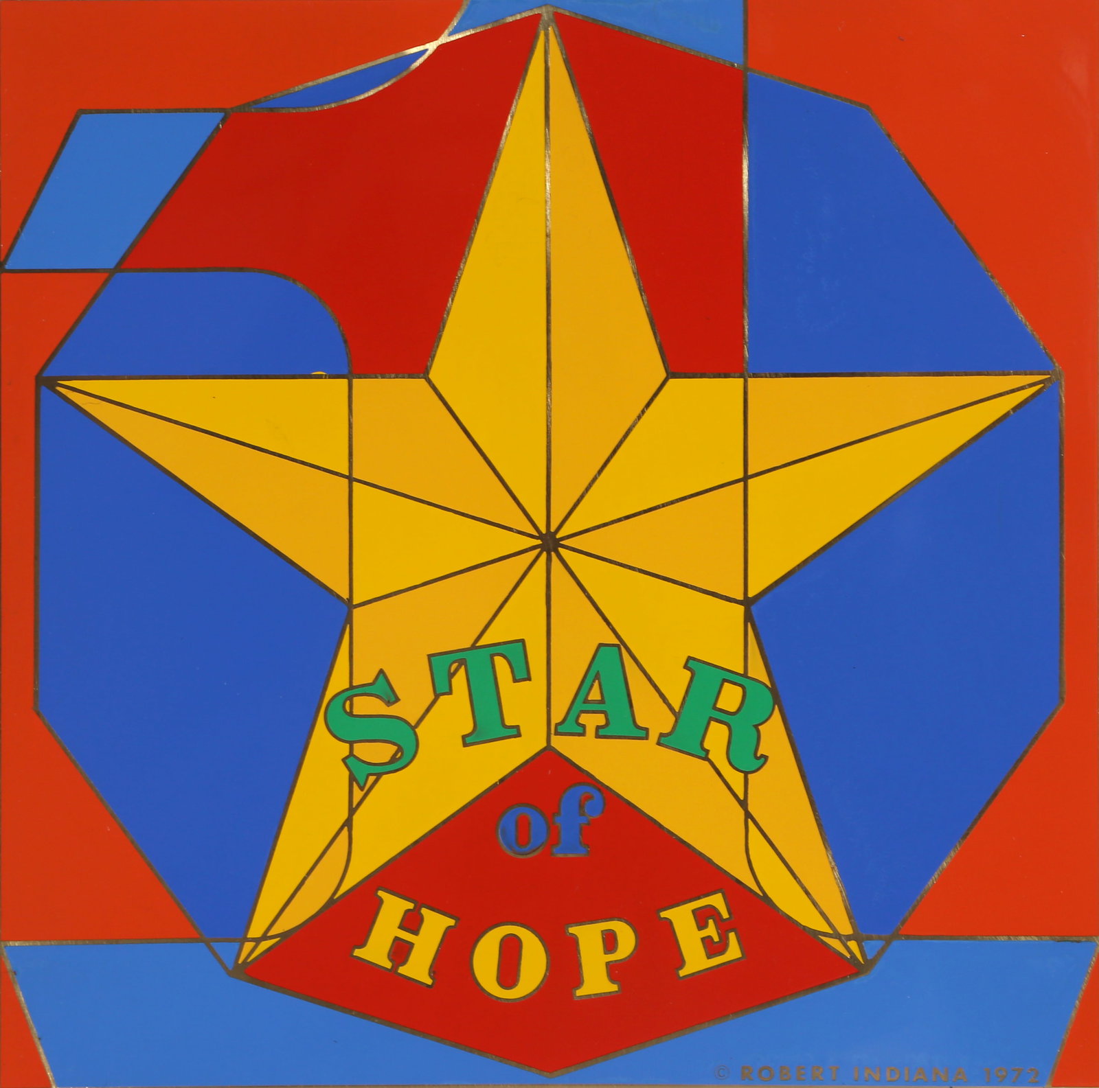 after Robert Indiana, Star of Hope, Enamel Print: Artist: Robert Indiana, After, American (1928 - 2018) Title: Star of Hope Year: 1972 Medium: Enamel on Metal, signature and date printed lower right Size: 6 x 6 in. (15.24 x 15.24 cm)
