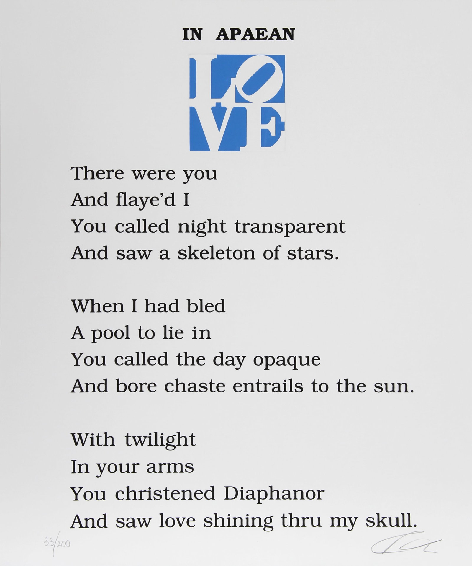Robert Indiana, The Book of Love Poem, Screenprint: Artist: Robert Indiana, American (1928 - 2018) Title: The Book of Love Poem - In Apaean Year: 1996 Medium: Screenprint with Letterpress, signed and numbered in pencil Edition: 200, PP 10 Size: 24 in.