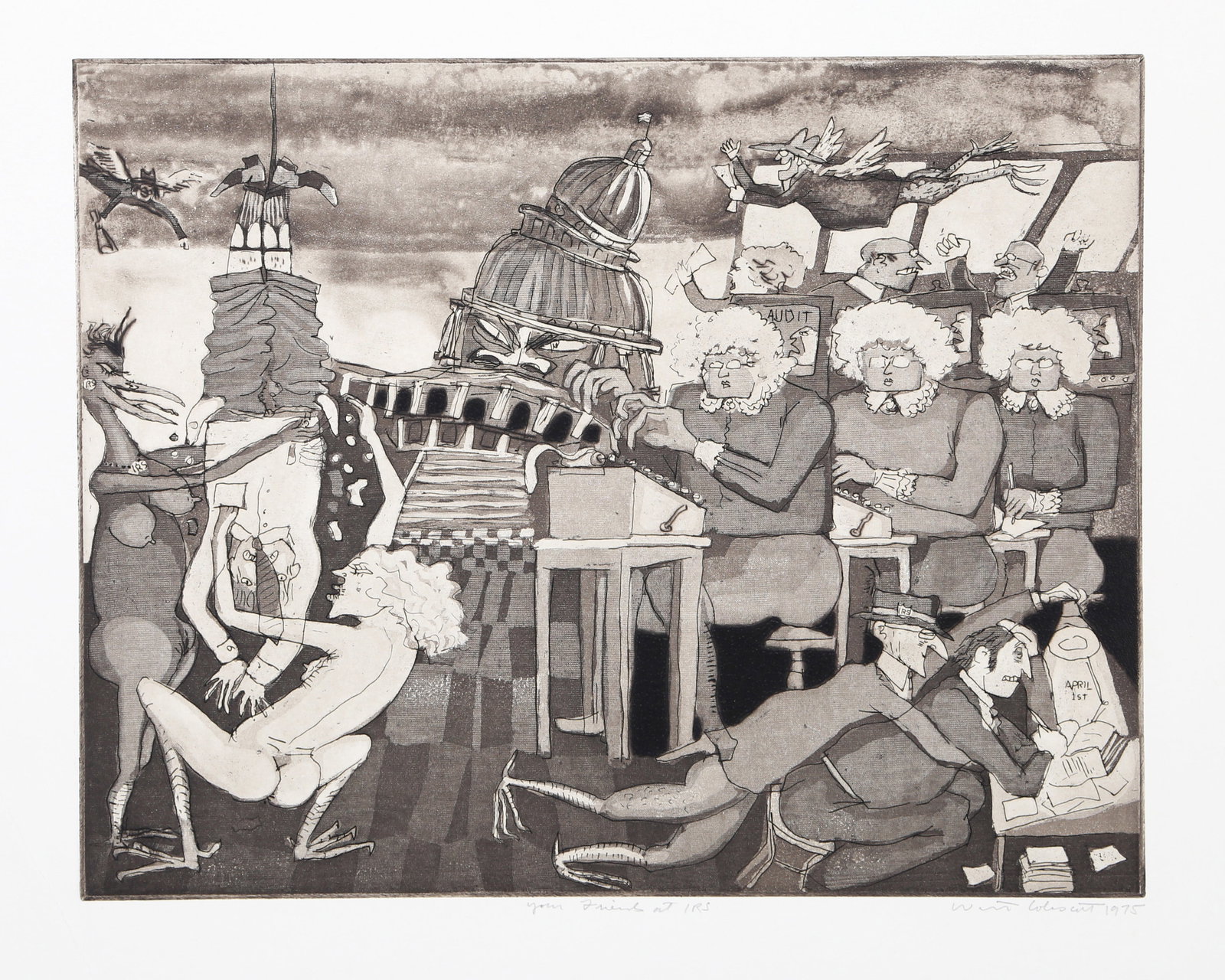 Warrington Colescott, Your Friends At The IRS, Etching (1 of 3)