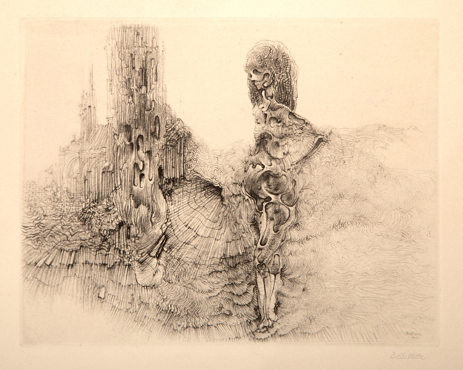 Hans Bellmer, Le Vermoulu et le Plisse, Etching: Artist: Hans Bellmer, German (1902 - 1975) Title: Le Vermoulu et le Plisse Year: 1940 Medium: Etching on Arches, signed in pencil Image Size: 7 x 9 inches Size: 11 x 15 in. (27.94 x 38.1 cm) Descripti