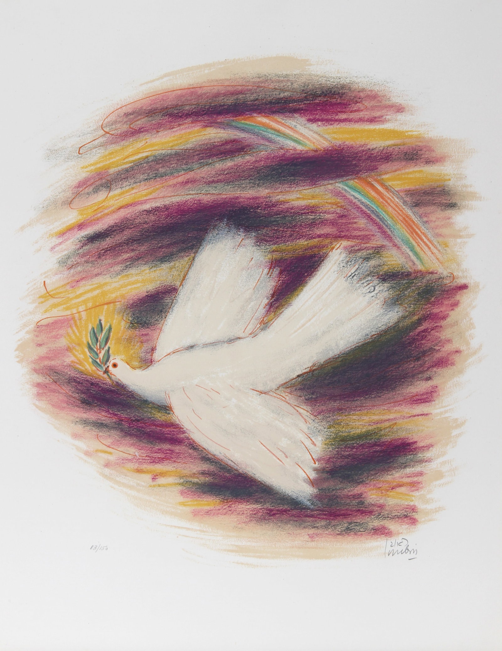 Reuven Rubin, Dove, Lithograph: Artist: Reuven Rubin, Israeli (1893 - 1974) Title: Dove Portfolio: Visions of the Bible Year: 1972 Medium: Lithograph on Arches, signed and numbered in pencil Edition: 150 Image Size: 25 x 18 inches S