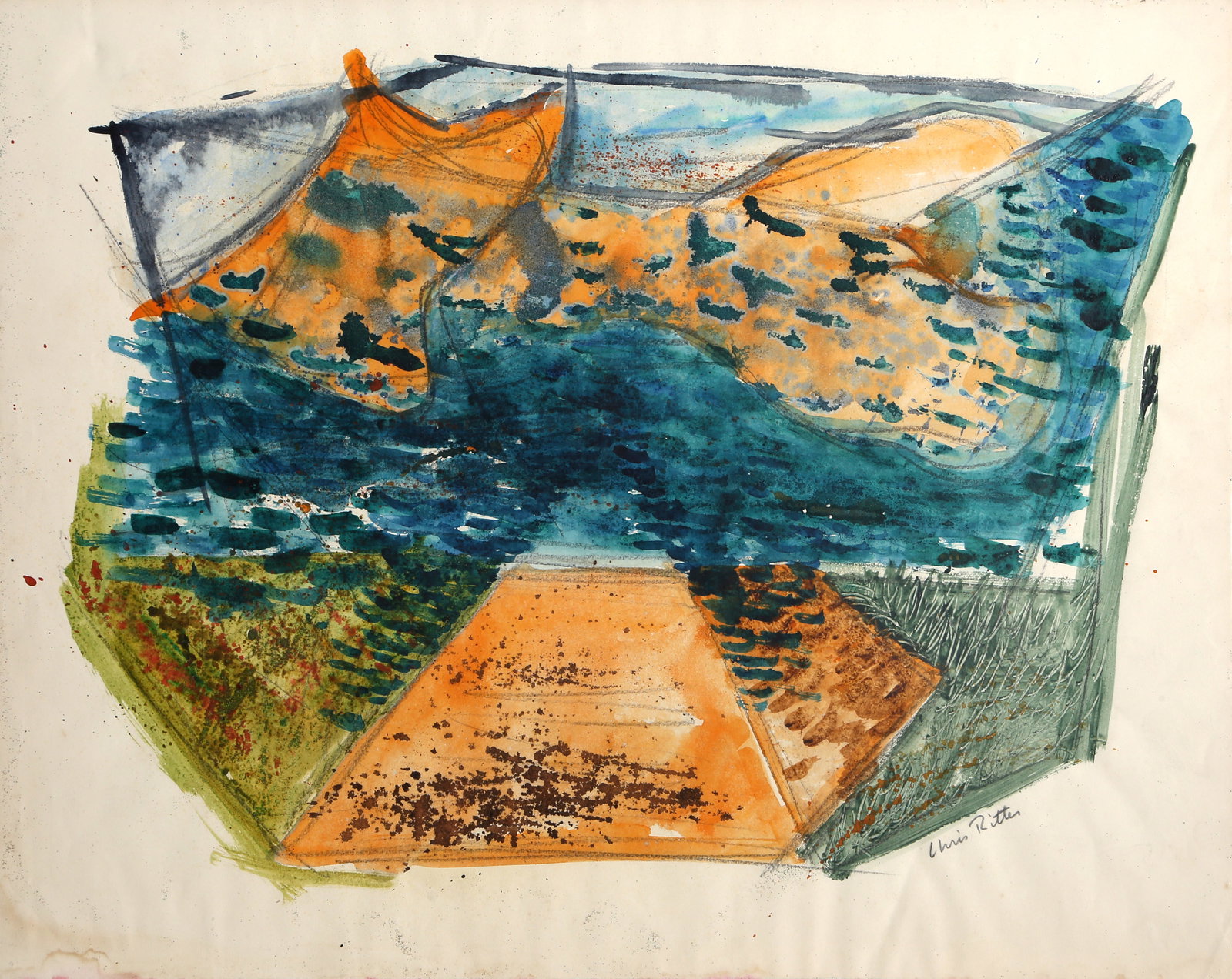Chris Ritter, Abstract #4, Watercolor: Artist: Chris Ritter, American (1906 - 1976) Title: Abstract #4 Year: circa 1962 Medium: Watercolor on paper, signed lower right Size: 17.5 x 22 in. (44.45 x 55.88 cm) Description: This unique abstrac