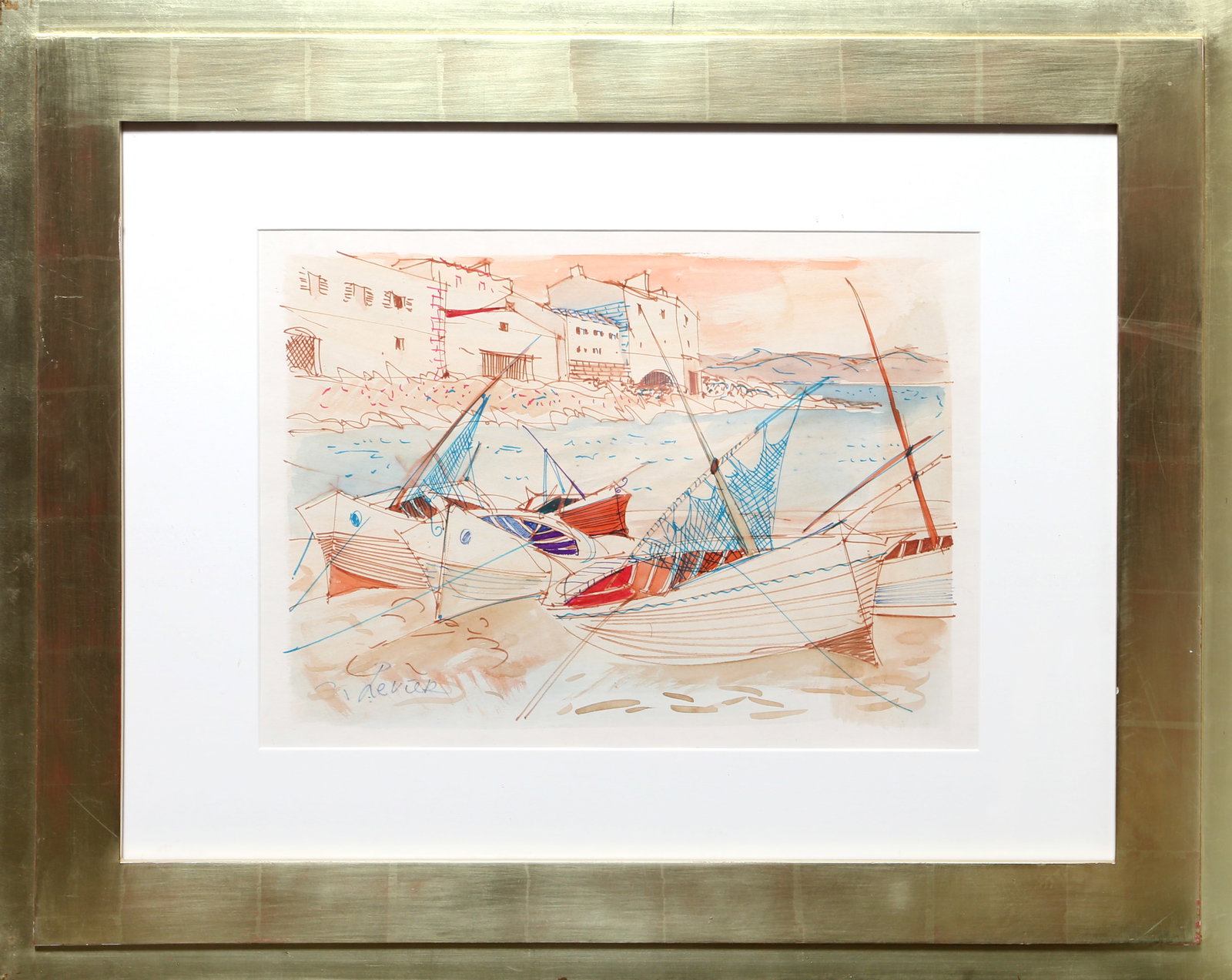 Charles Levier, Sailboats at Shore, Watercolor: Artist: Charles Levier, French (1920 - 2003) Title: Sailboats at Shore Year: circa 1960 Medium: Watercolor on Paper, signed lower right Image Size: 11.5 x 16 inches Size: 19.5 x 25 in. (49.53 x 63.5 c