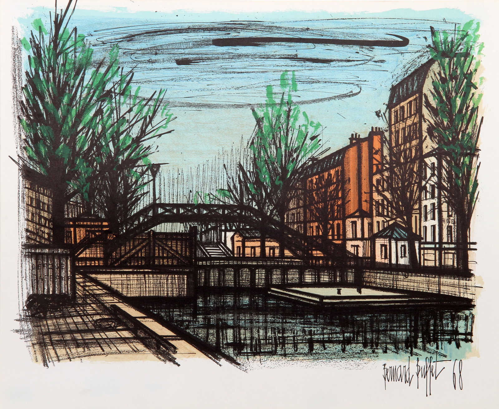 Bernard Buffet, Canal St. Martin, Lithograph: Artist: Bernard Buffet, French (1928 - 1999) Title: Canal St. Martin Year: 1968 Medium: Lithograph, signed in the plate Size: 19 x 23 in. (48.26 x 58.42 cm) Publisher: Collector's Guild, NY