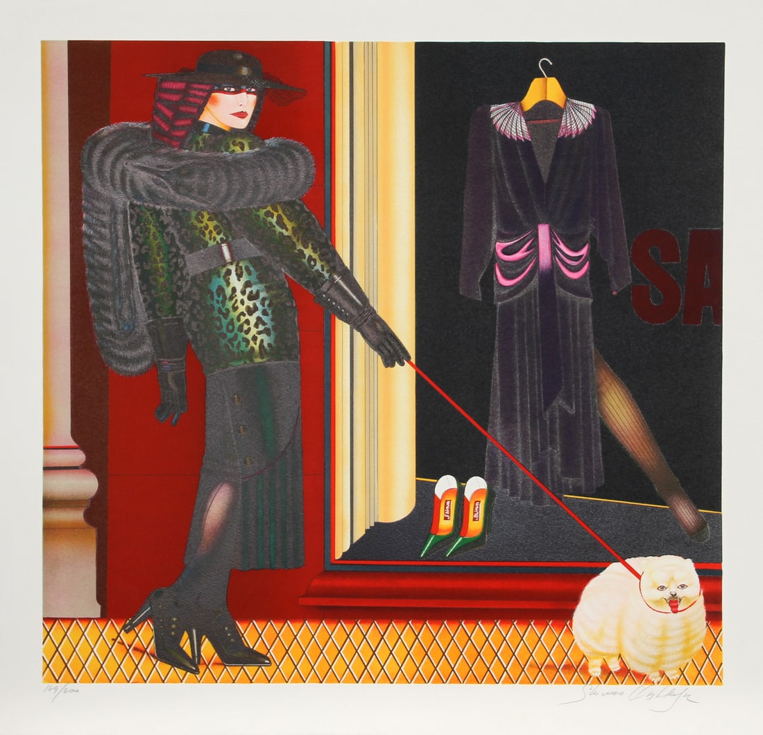 Shimon Okshteyn, Walking the Dog, Screenprint: Artist: Shimon Okshteyn, Ukrainian (1951 - ) Title: Walking the Dog Medium: Screenprint, signed and numbered in pencil Edition: 169/300 Image Size: 27 x 28.5 inches Size: 31.5 in. x 39.5 in. (80.01 cm