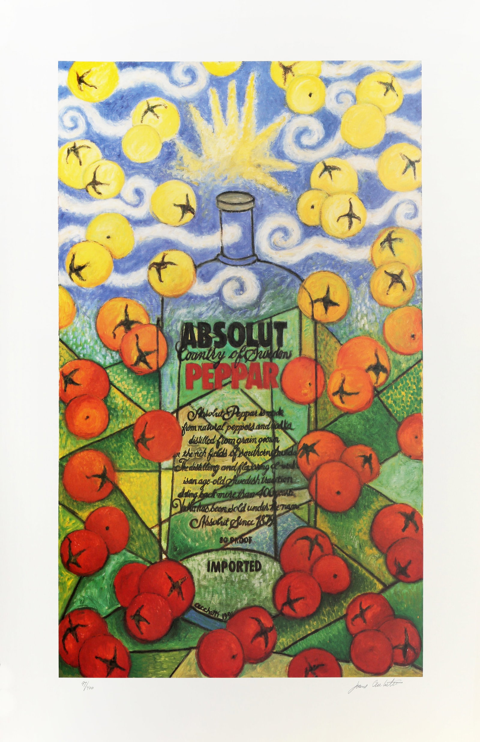 Joanne Cecchetti, Absolut Statehood, Lithograph: Artist: Joanne Cecchetti, American (1953- ) Title: Absolut Statehood: New Jersey Year: 1991 Medium: Lithograph on paper, signed and numbered in pencil Edition: 97/400 Image Size: 32 x 19.5 inches Size