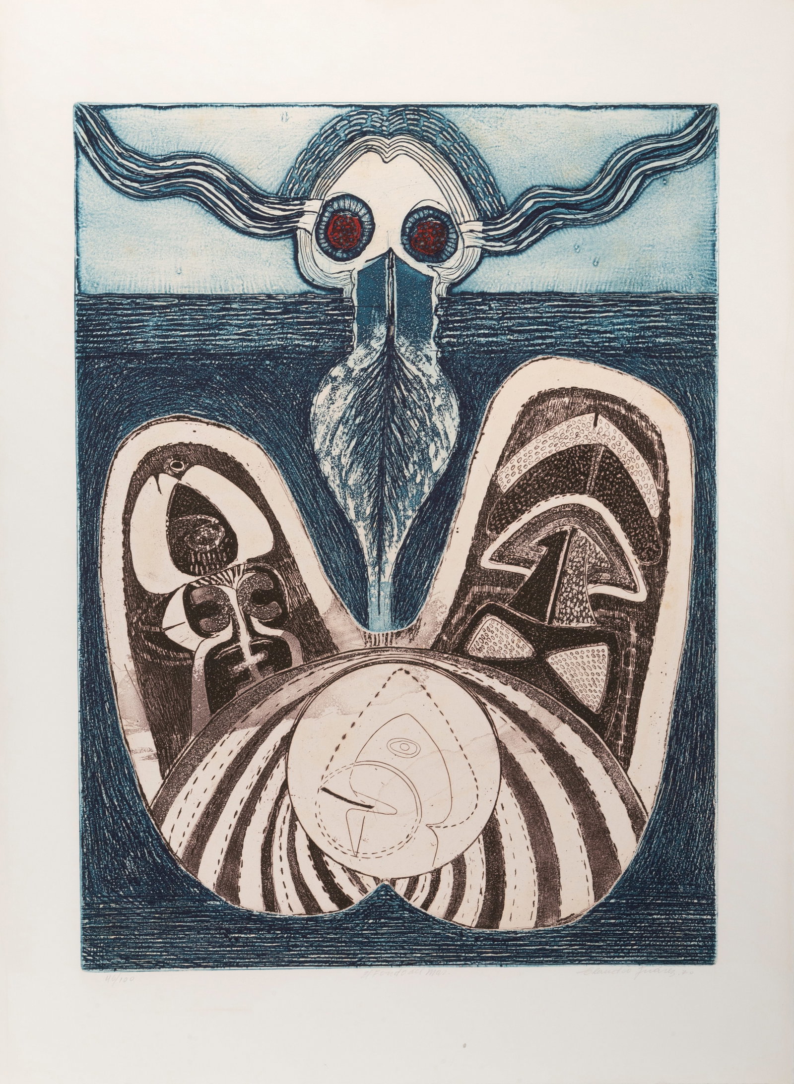 Claudio Juarez, El Fondo del Mar, Aquatint Etching: Artist: Claudio Juarez, Peruvian (1938 - 2001) Title: El Fondo del Mar Portfolio: Grafica Latinoamericana Year: 1970 Medium: Aquatint Etching, signed in pencil Edition: 100 Size: 30 in. x 22 in. (76.2