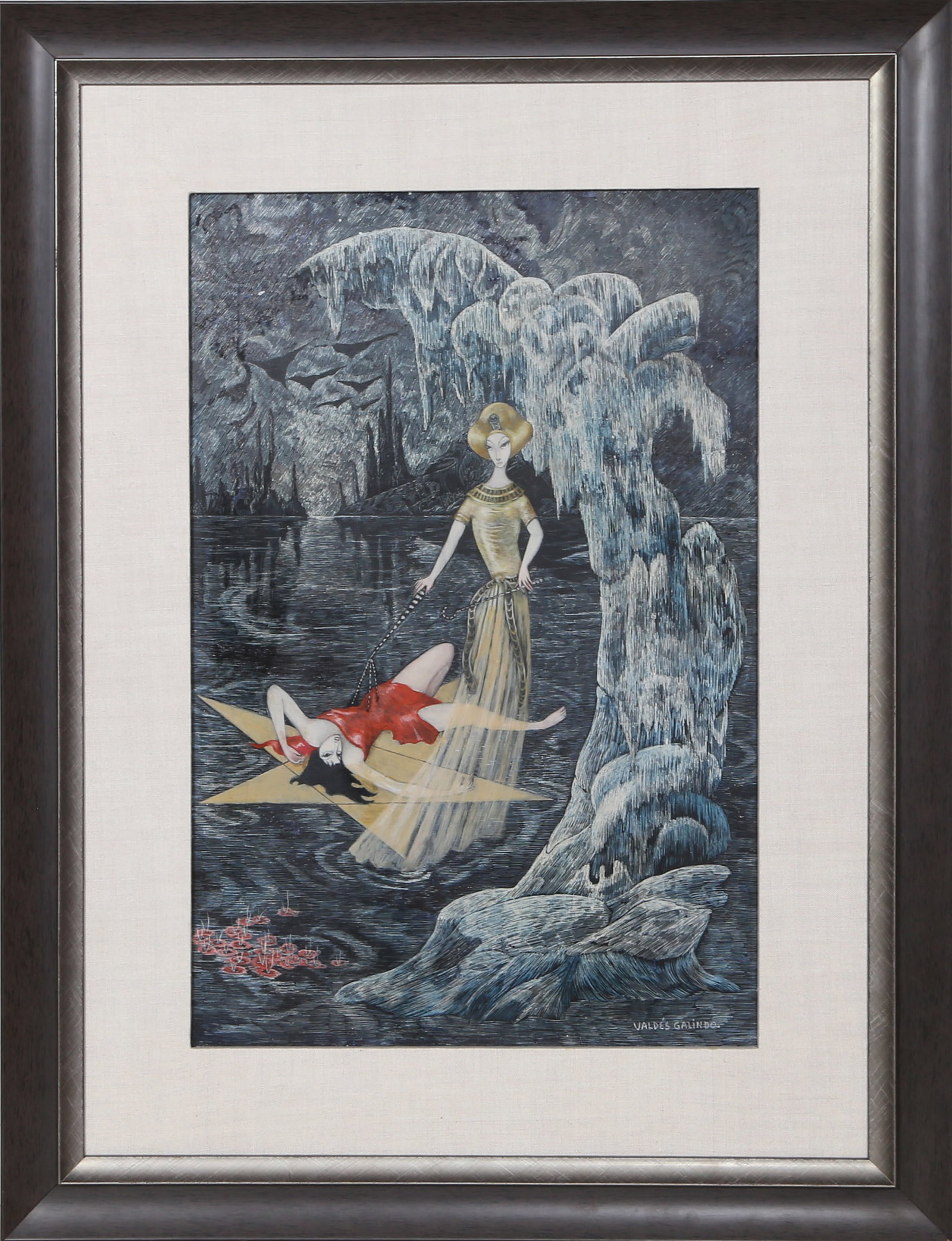 Salvador Valdes Galindo, Damas, Gouache: Artist: Salvador Valdes Galindo, Mexican Title: Damas Year: circa 2000 Medium: Gouache on Panel, signed lower right Size: 23 x 15 in. (58.42 x 38.1 cm) Frame Size: 33.5 x 25.5 inches