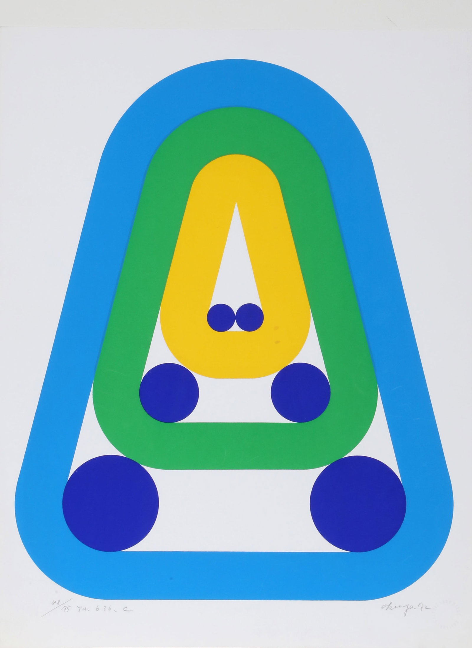 Naomi Okuya, Yu 636 C, Screenprint: Artist: Naomi Okuya, Japanese (1930 - ) Title: Yu 636 C Year: 1972 Medium: Screenprint, signed and numbered in pencil Edition: 48/75 Image Size: 22.5 x 18 inches Size: 25.5 x 19.5 in. (64.77 x 49.53 c