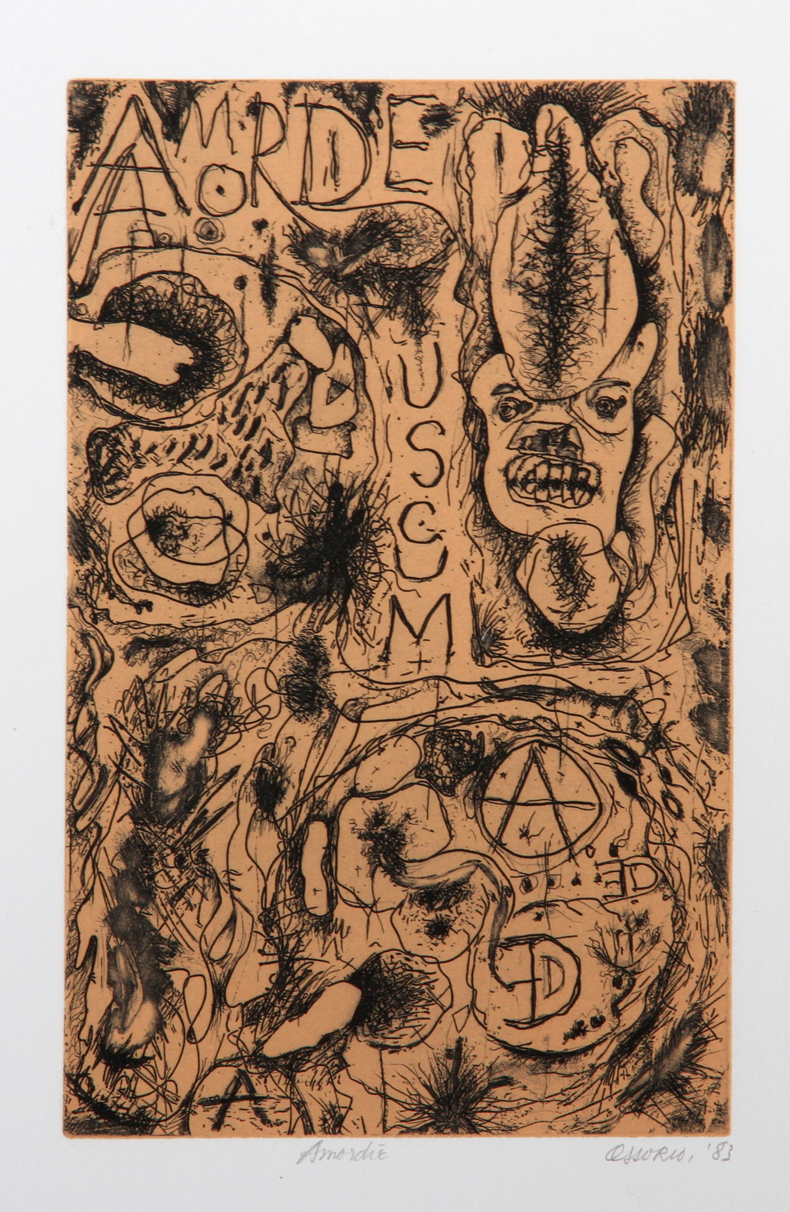 Alfonso Ossorio, Amordie, Etching: Artist: Alfonso Ossorio, Filipino (1916 - 1990) Title: Amordie Year: 1983 Medium: Etching, signed and numbered in pencil Edition: 36 Image Size: 11 x 7 inches Size: 18 x 12 in. (45.72 x 30.48 cm)