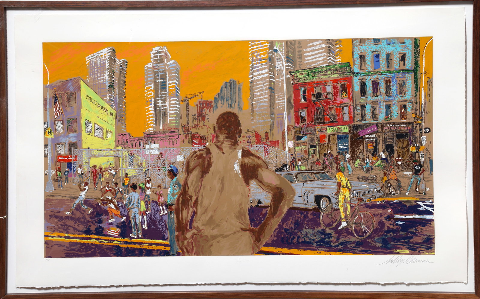 LeRoy Neiman, Harlem Streets, Screenprint: Artist: LeRoy Neiman, American (1921 - 2012) Title: Harlem Streets Year: 1982 Medium: Screenprint, Signed in Pencil Edition: PP Image Size: 24 x 41.5 inches Size: 30 x 48 in. (76.2 x 121.92 cm) Frame 