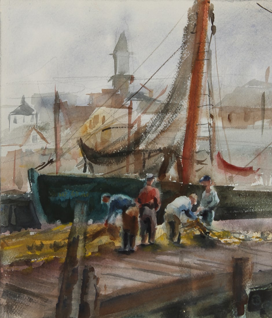 Eve Nethercott, Maine Fishermen, Watercolor: Artist: Eve Nethercott, American (1925 - 2015) Title: Maine Fishermen Year: 1961 Medium: Watercolor Size: 14.5 in. x 12 in. (36.83 cm x 30.48 cm) Description: Arranging their yellow fishing nets, the 