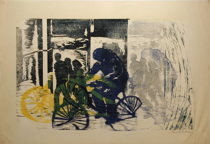 Gerald Huth, Cyclist, Woodcut: Artist: Gerald Huth, American (1949 - ) Title: Cyclist Year: 1977 Medium: Woodcut on thin wove paper Signed and numbered in pencil Edition: 1/20 Size: 22 in. x 32.5 in. (55.88 cm x 82.55 cm)