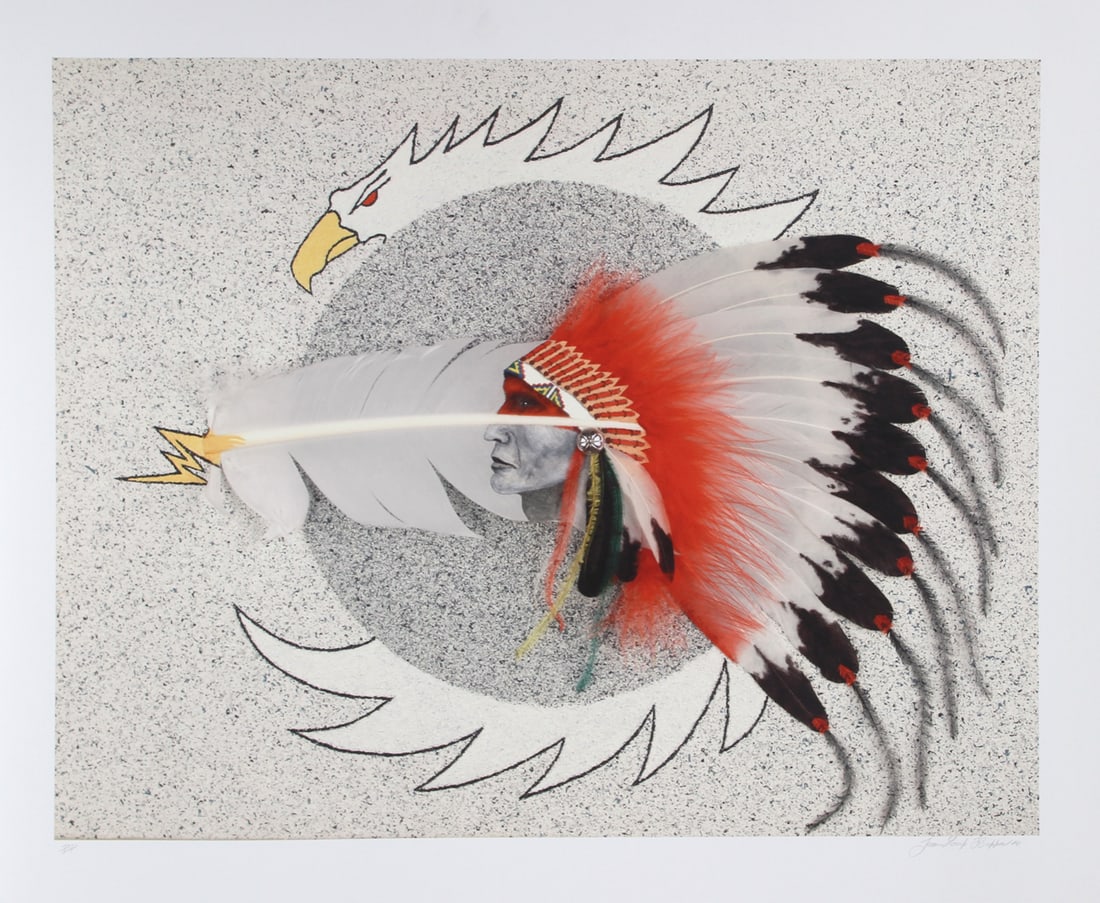 Jean-Louis Husson, Native American, Giclee: Artist: Jean-Louis Husson, American (19?? - 2017) Title: Native American Year: 1998 Medium: Giclee, signed and numbered in pencil Edition: PP Image Size: 23.5 x 30 inches Size: 31 in. x 36 in. (78.74 
