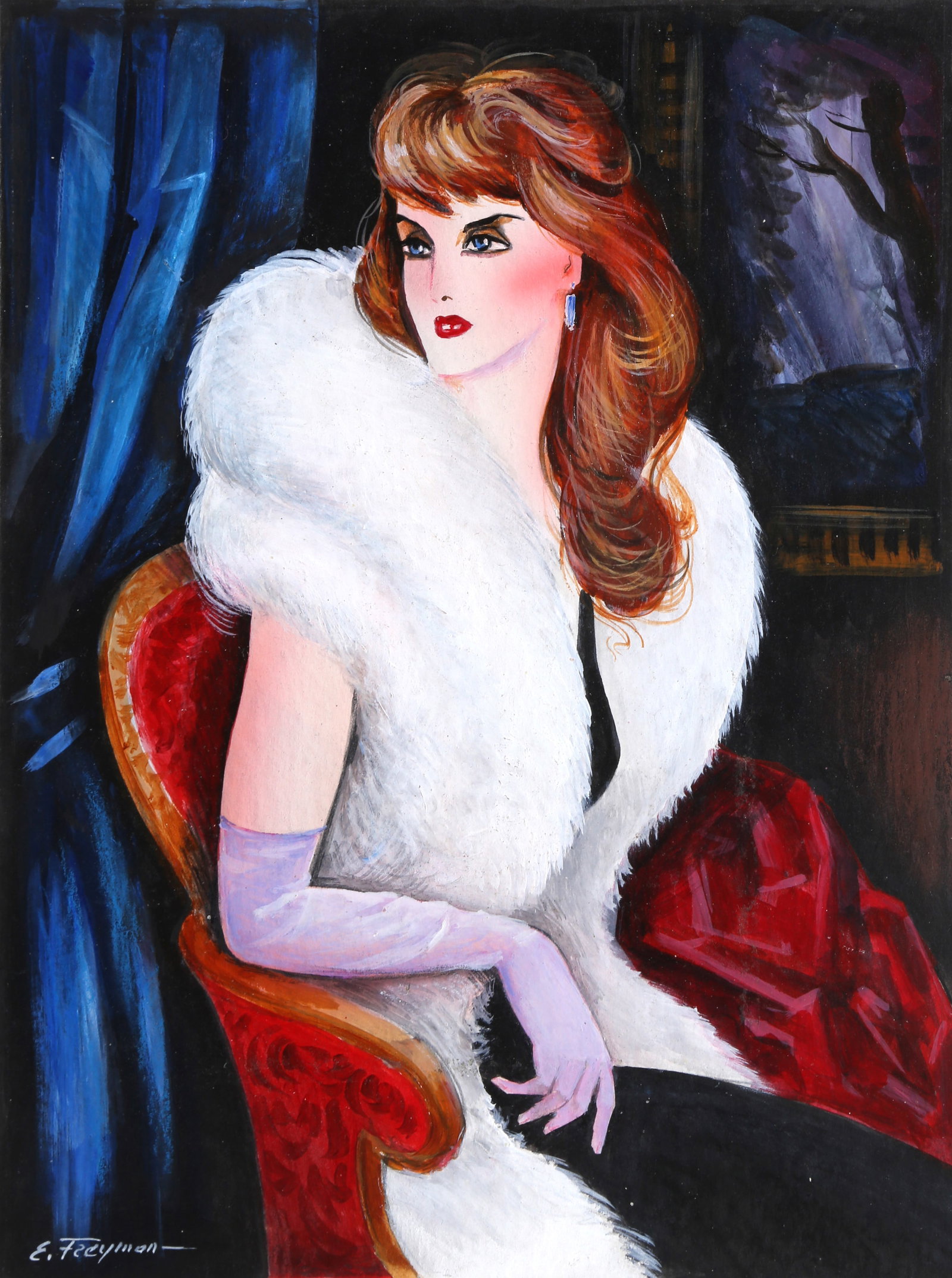Erik Freyman, Elegance Deluxe, Painting: Artist: Erik Freyman, Russian (1932 - 2018) Title: Elegance Deluxe Year: circa 1990 Medium: Oil and pastel on board, signed in pen Size: 12 x 9.25 in. (30.48 x 23.5 cm) Description: This painting depi