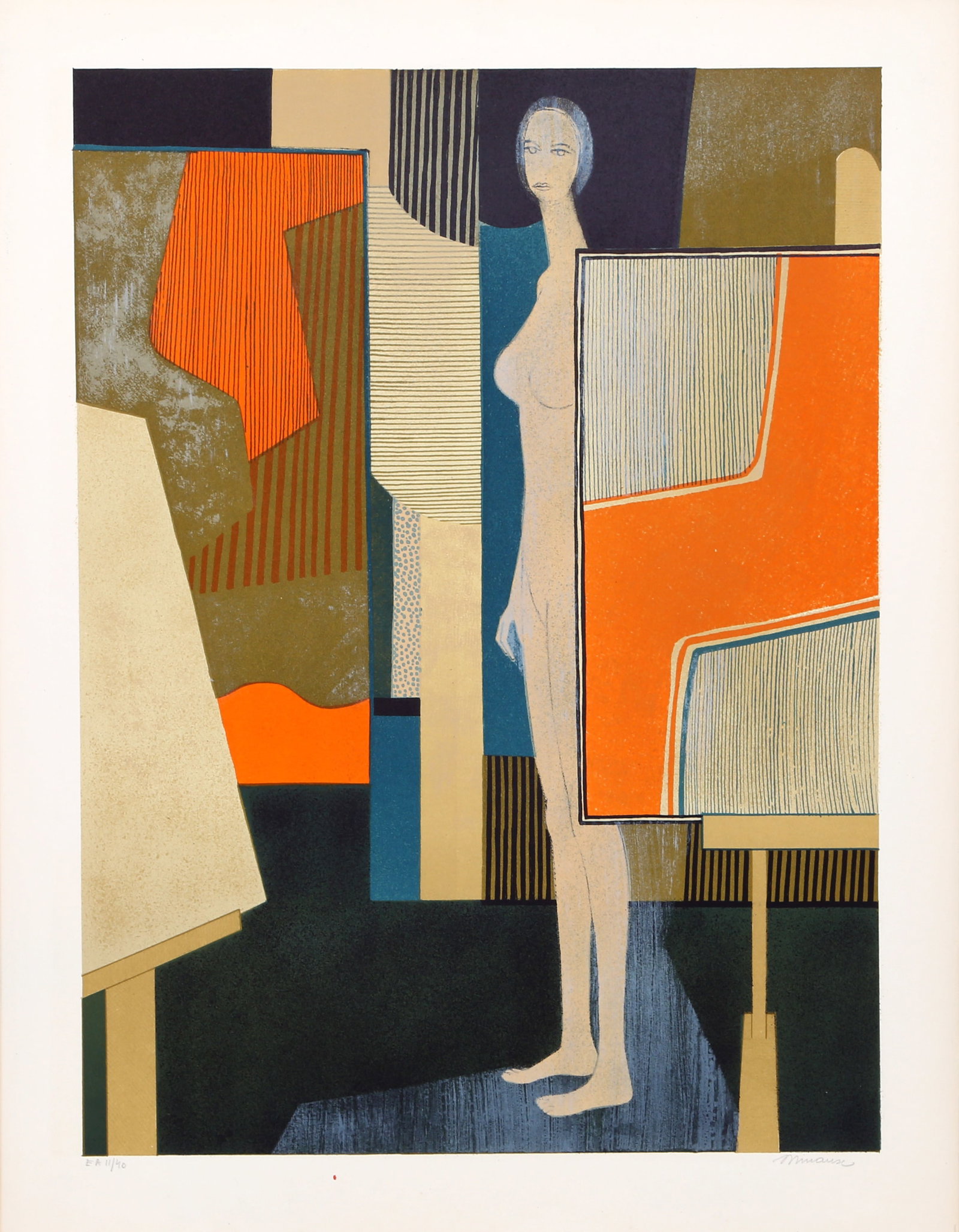 Andre Minaux, Nude in Artist's Studio, Lithograph: Artist: Andre Minaux, French (1923 - 1986) Title: Nude in Artist's Studio Year: circa 1970 Medium: Lithograph on Arches, signed and numbered in pencil Edition: EA 40 Image Size: 22.5 x 16.5 inches Siz