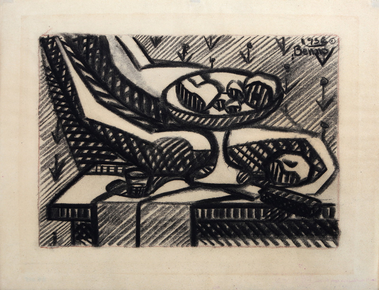 Benjamin Benno, Still Life, Charcoal: Artist: Benjamin Benno, American (1901 - 1980) Title: Untitled 2(Still Life) Year: 1935 Medium: Charcoal on paper, signed Image Size: 7.5 x 11 inches Size: 10.75 x 13.75 in. (27.31 x 34.93 cm) Descrip