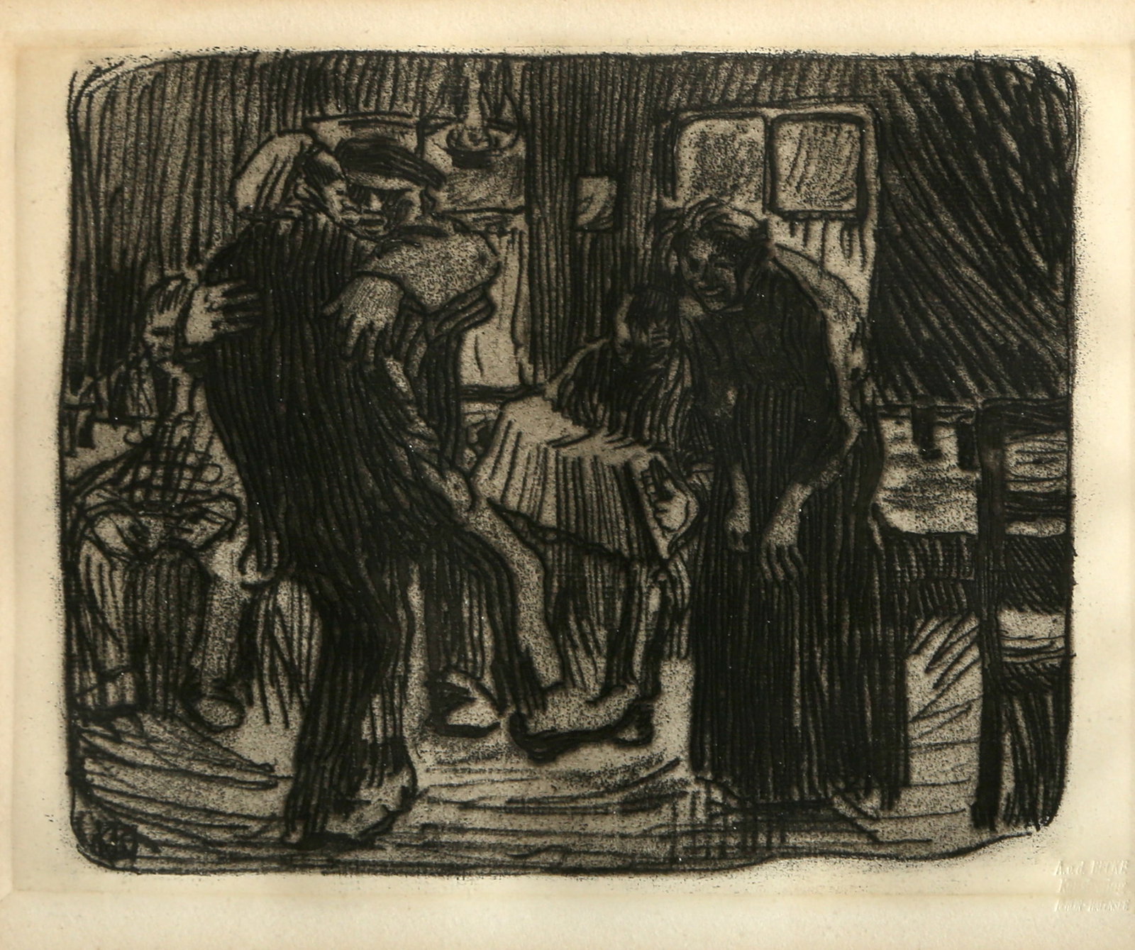 Kathe Kollwitz, Hamburg Pub, Etching: Artist: Kathe Kollwitz, German (1867 - 1945) Title: Hamburger Kneipe (Hamburg Pub) Year: original: 1901; printed circa 1948 - 1963 Medium: Etching Size: 7.75 x 9.75 in. (19.69 x 24.77 cm) Frame Size: 