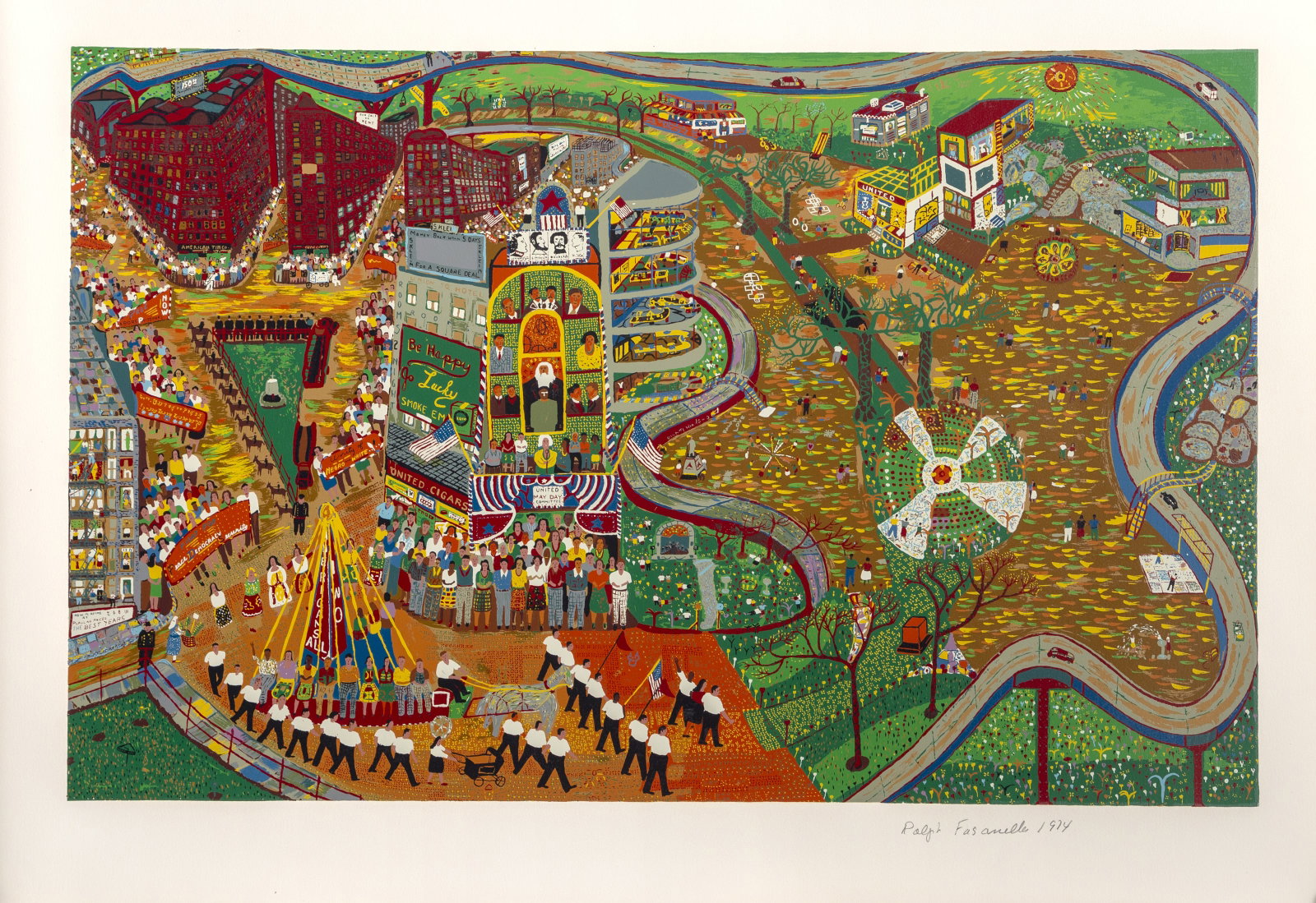 Ralph Fasanella, May Day, Screenprint: Artist: Ralph Fasanella, American (1914 - 1997) Title: May Day Year: 1974 Medium: Screenprint on Arches Paper, signed, numbered, and dated in pencil Edition: 250, AP 25 Image Size: 25 x 40 inches Size