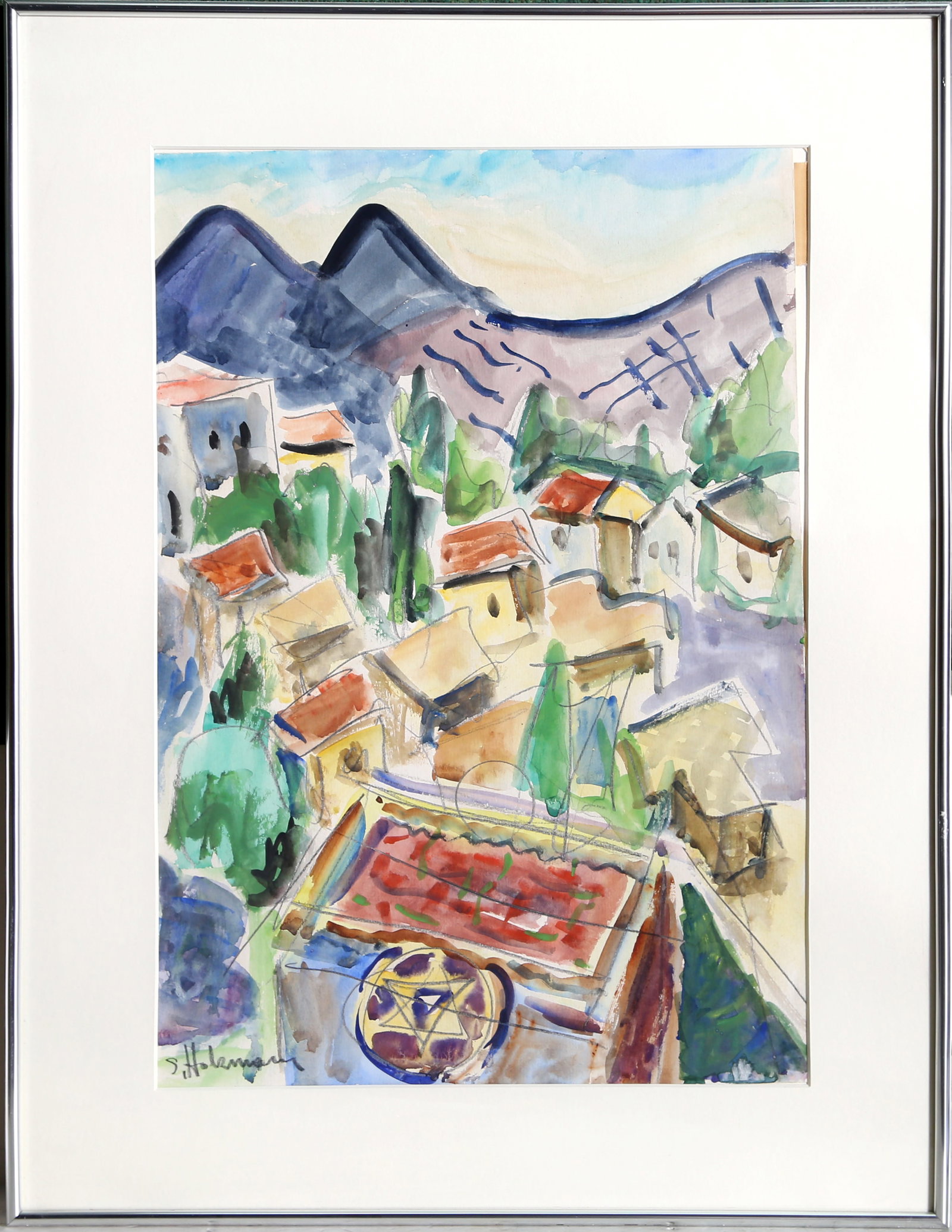 Shimson Holzman, Israeli Village, Watercolor: Artist: Shimson Holzman, Israeli (1907 - 1986) Title: Israeli Village Year: circa 1965 Medium: Watercolor on Paper, signed Size: 19 x 13 in. (48.26 x 33.02 cm) Frame Size: 25 x 19 inches