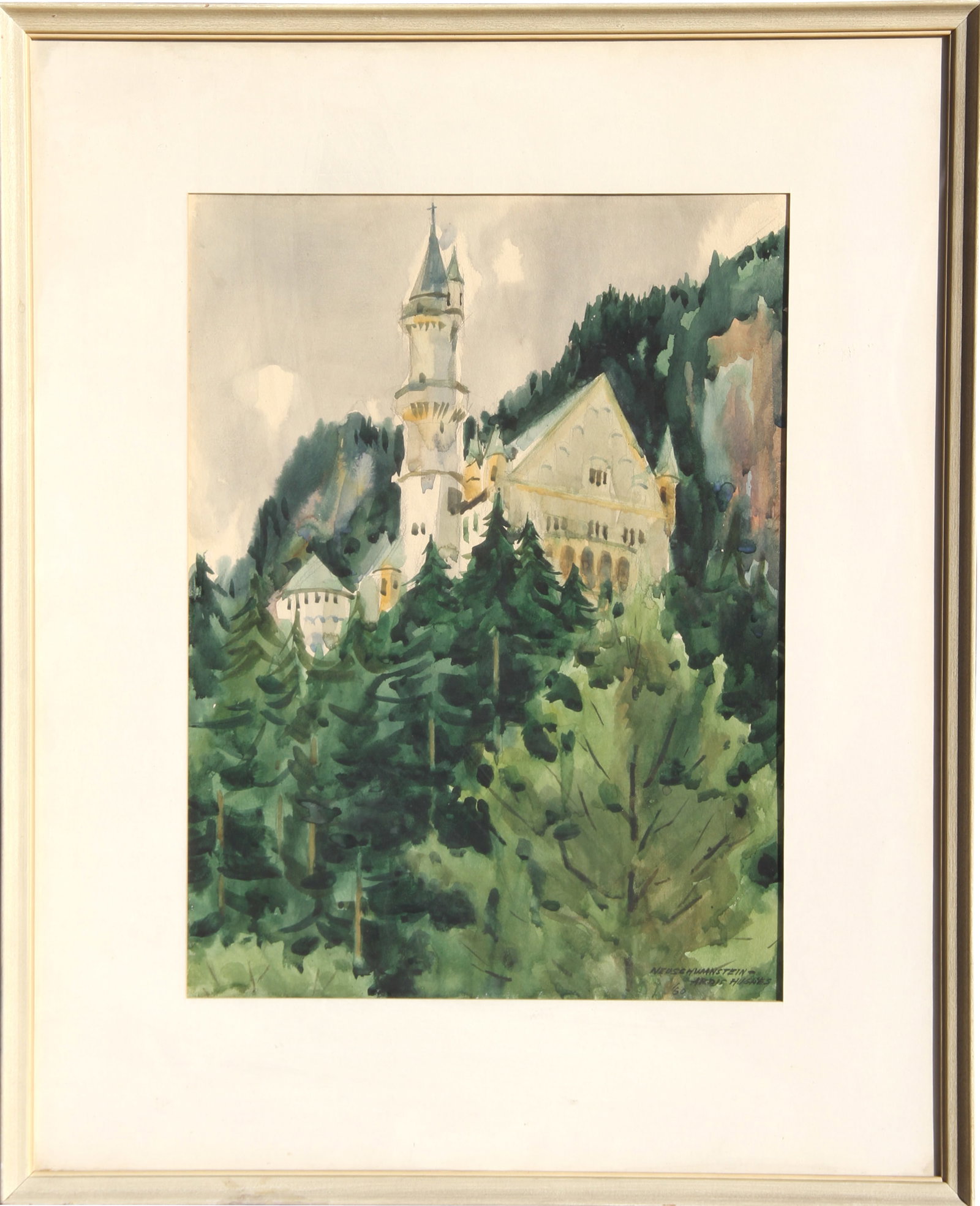 Ardis Hughes, Neuschwanstein, Watercolor: Artist: Ardis Hughes, American (1912 - 2009) Title: Neuschwanstein Year: 1960 Medium: Watercolor on Paper, signed Size: 18 in. x 13.5 in. (45.72 cm x 34.29 cm) Frame Size: 27 x 22 inches