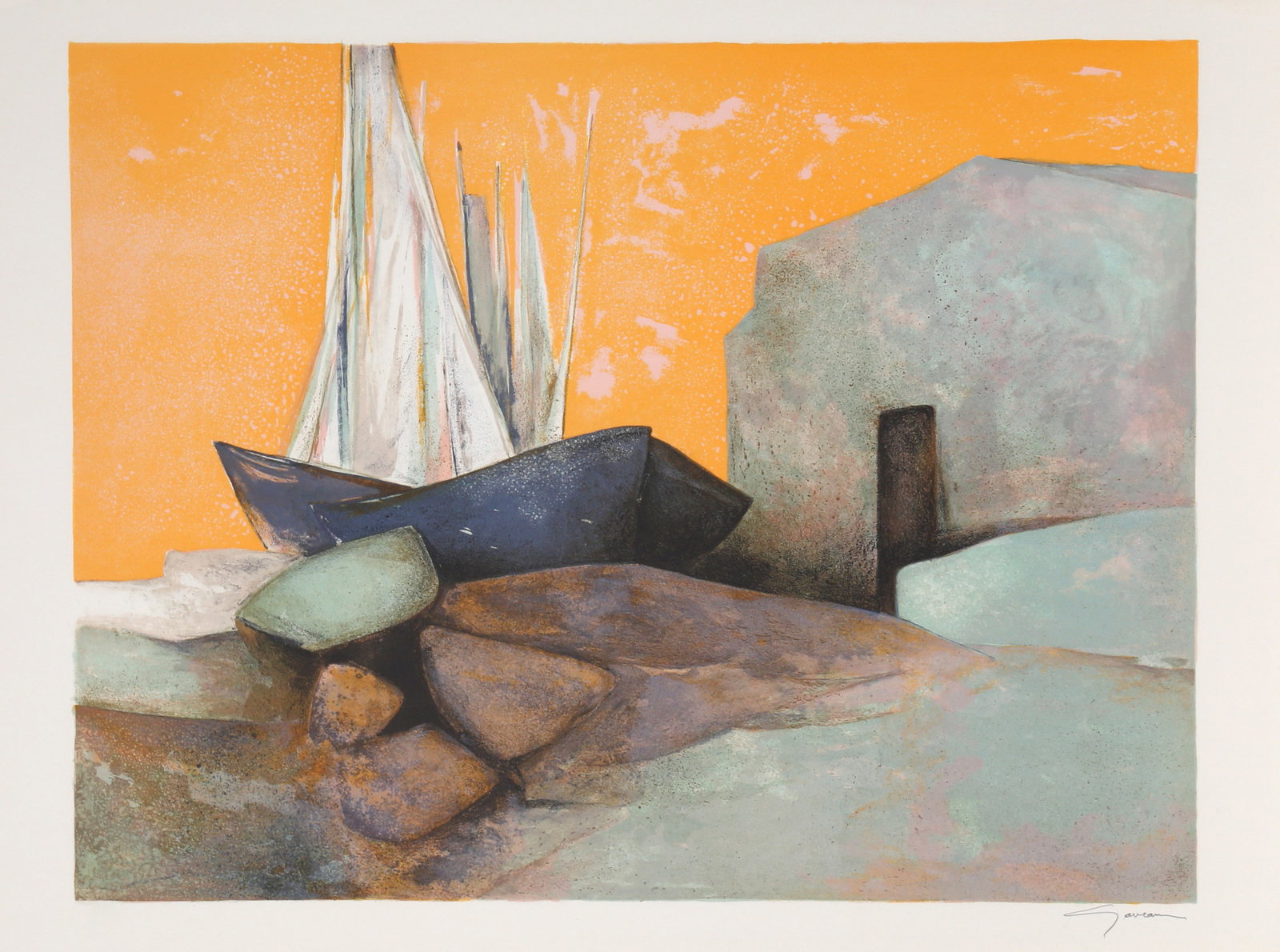 Claude Gaveau, Checkmate, Lithograph: Artist: Claude Gaveau, French (1940 - ) Title: Les Mats (Checkmate) Year: 1979 Medium: Lithograph, signed and numbered in pencil Edition: 185, 20 AP Image Size: 19 x 25.5 inches Size: 22 x 30 in. (55.