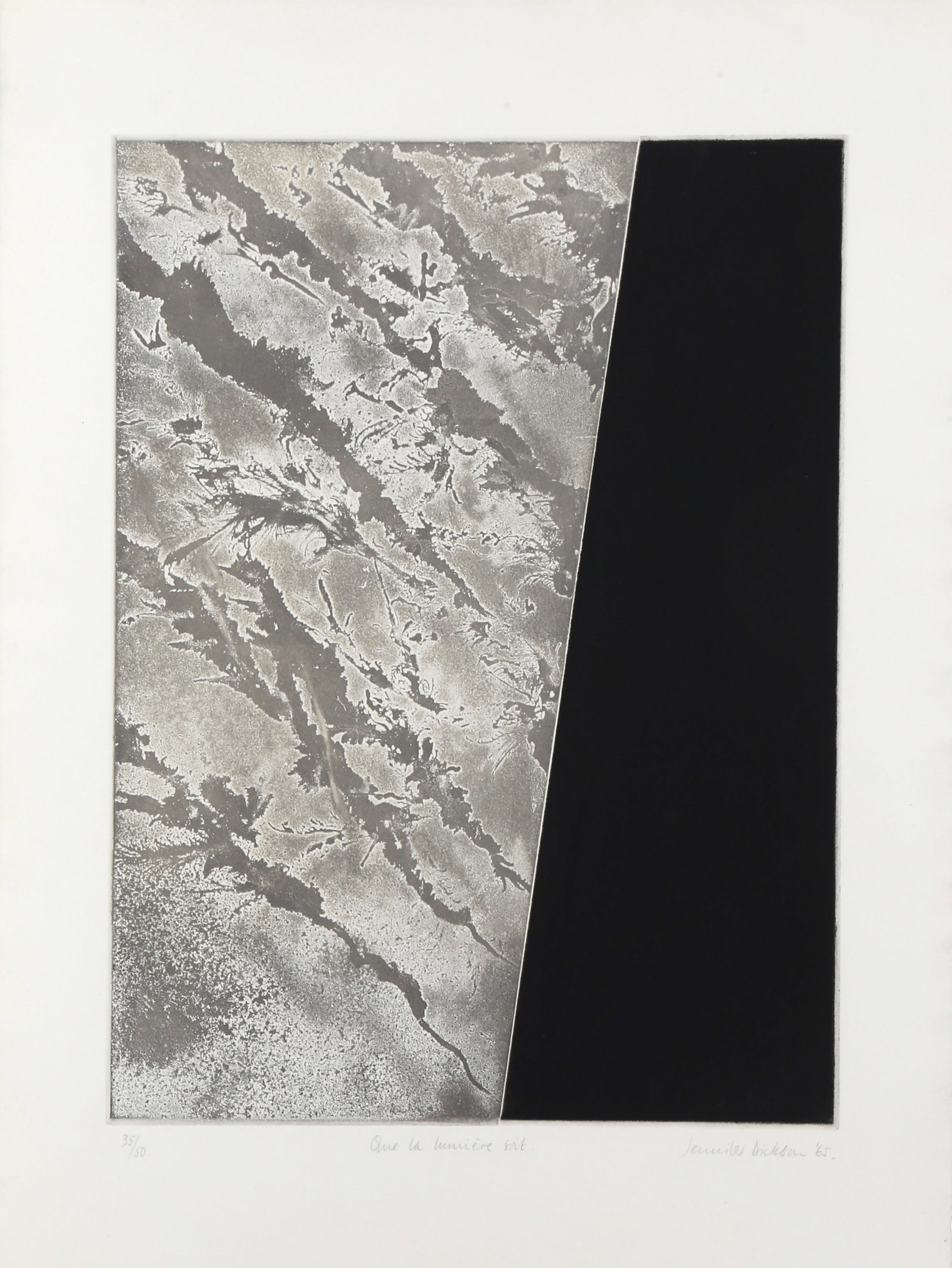 Jennifer Dickson, Que la Lumiere Soit, Etching: Artist: Jennifer Dickson, South African (1936 - ) Title: Que la Lumiere Soit Year: 1965 Medium: Etching with Aquatint, signed and numbered in pencil Edition: 35/50 Image Size: 23 x 17 inches Size: 31 