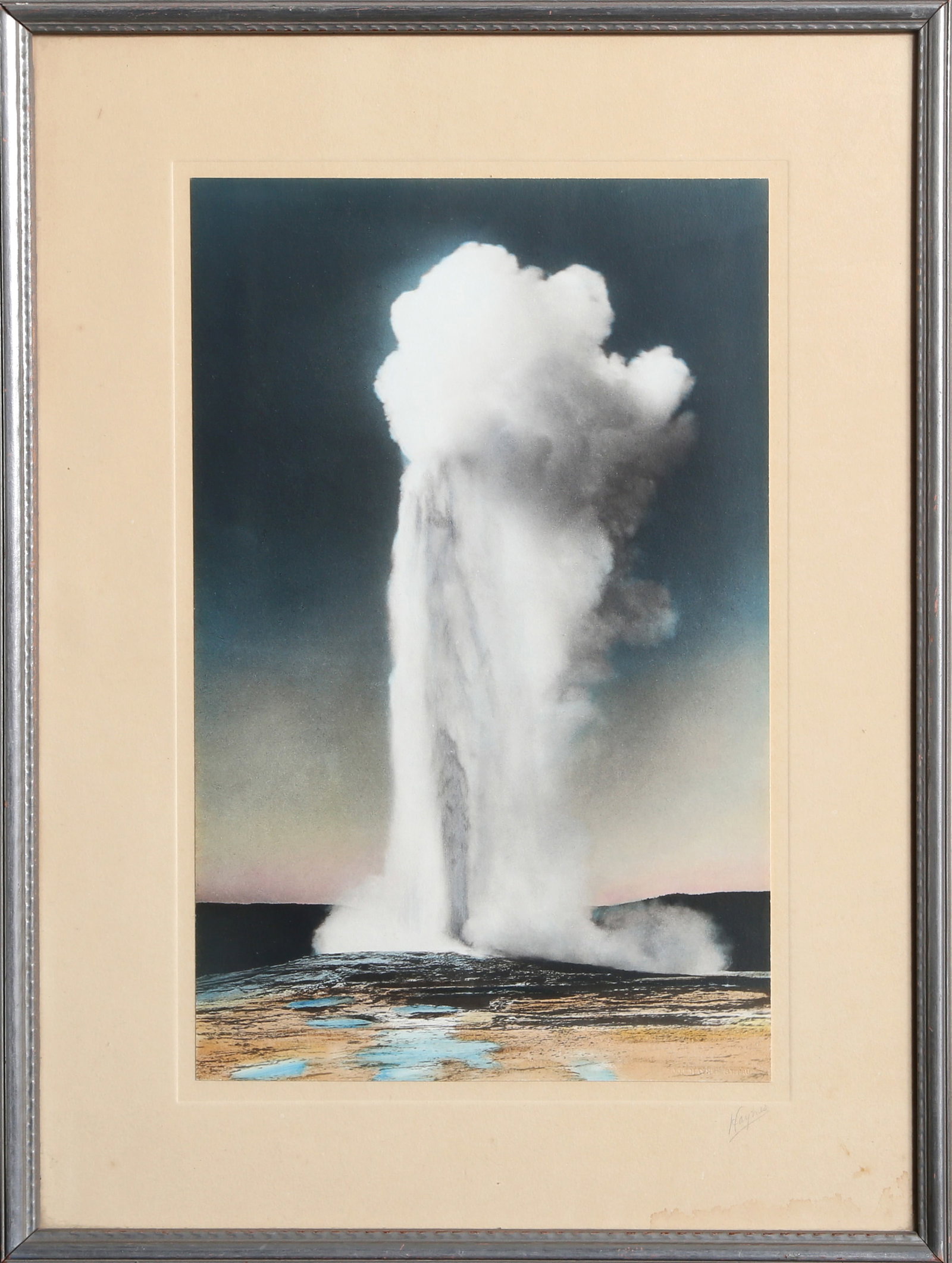 Frank Jay Haynes, Yellowstone, 1915 Photo Etching: Artist: Frank Jay Haynes, American (1853 - 1921) Title: Old Faithful, Yellowstone (1905) Year: circa 1915 Medium: Hand-Colored Photo Etching, signed in pencil Size: 18 x 13 in. (45.72 x 33.02 cm) Fram