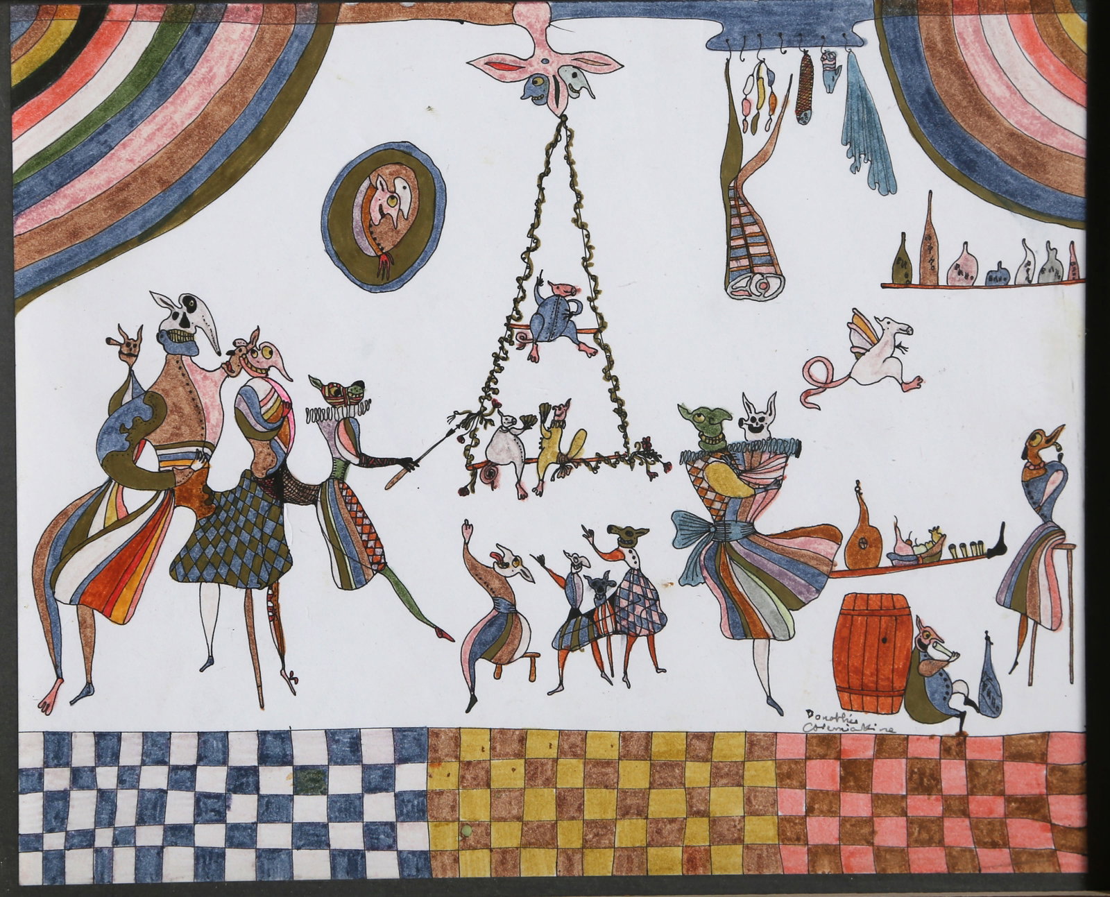 Dorothea Chemiakin, The Stage, Drawing: Artist: Dorothea Chemiakin, Russian (1964 - 2018) Title: The Stage Year: circa 1980 Medium: Ink and Colored Pencil on Paper, signed Size: 7 in. x 8.5 in. (17.78 cm x 21.59 cm)