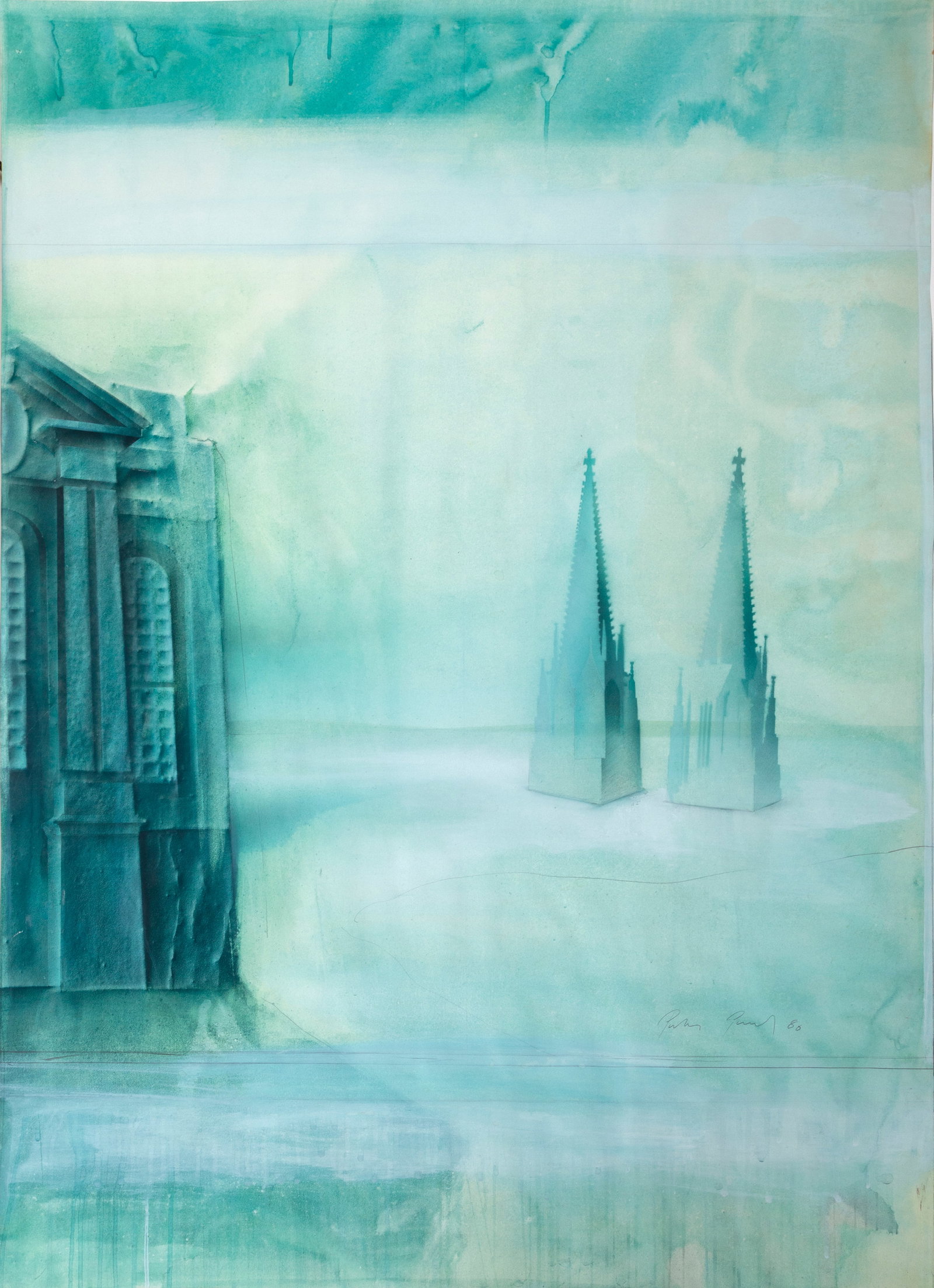 Peter Paul, Green Church Towers, Drawing: Artist: Peter Paul, German (1943 - ) Title: Green Church Towers Year: 1980 Medium: Drawing with wash, signed and dated middle right Size: 42 x 32 in. (106.68 x 81.28 cm)