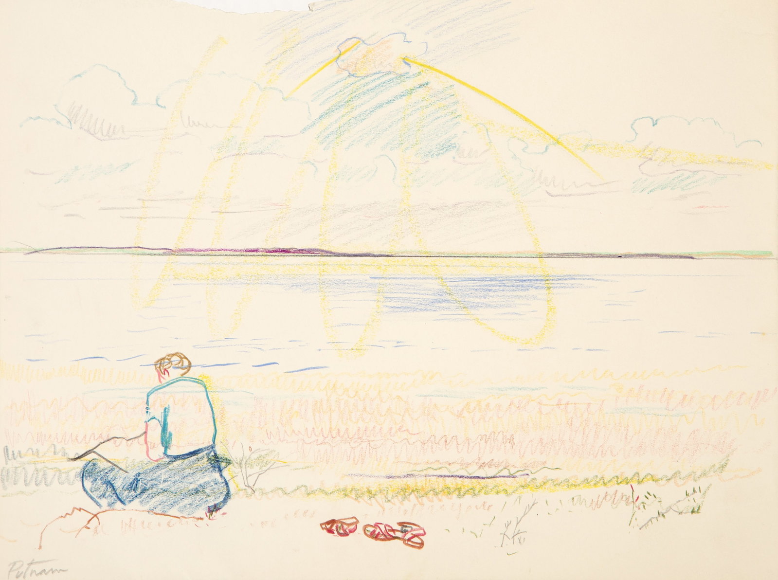 Wallace Putnam, Woman on Beach, Crayon: Artist: Wallace Putnam, American 1899-1989 Title: Woman on Beach Year: circa 1960 Medium: Crayon, Graphite and Color Pencil on Paper, signed in pencil Size: 11 x 15 in. (27.94 x 38.1 cm) Description: 