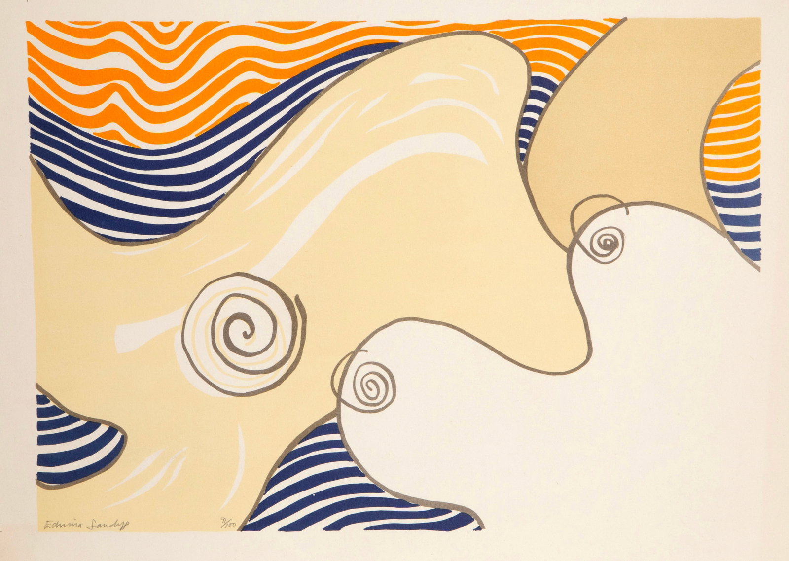 Edwina Sandys, Sea Shells, Lithograph: Artist: Edwina Sandys, British (1938 - ) Title: Sea Shells Year: 1974 Medium: Lithograph, signed and numbered in pencil Edition: 91/100 Image Size: 16 x 23 inches Size: 18 x 25 in. (45.72 x 63.5 cm) D
