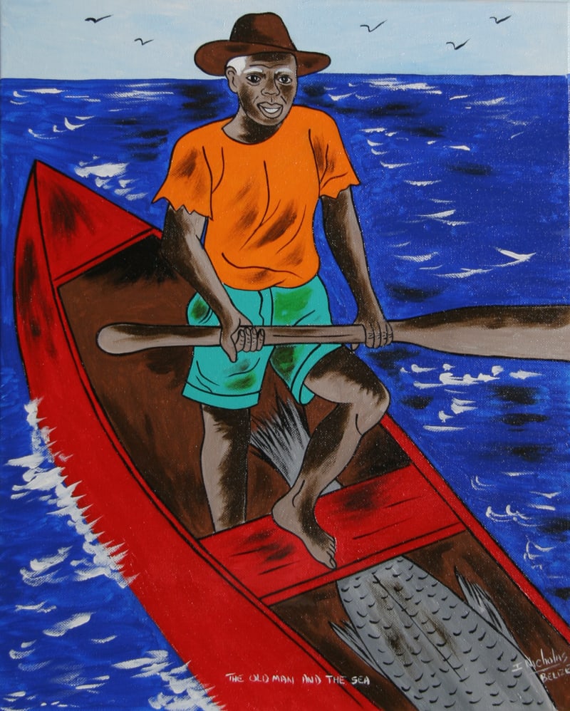 Isiah Nicholas, The Old Man and the Sea, Painting: Artist: Isiah Nicholas, Belize (1970 - ) Title: The Old Man and the Sea Year: Circa 2008 Medium: Acrylic on Canvas, signed lower right Size: 20 x 16 in. (50.8 x 40.64 cm) Description: Standing in the 