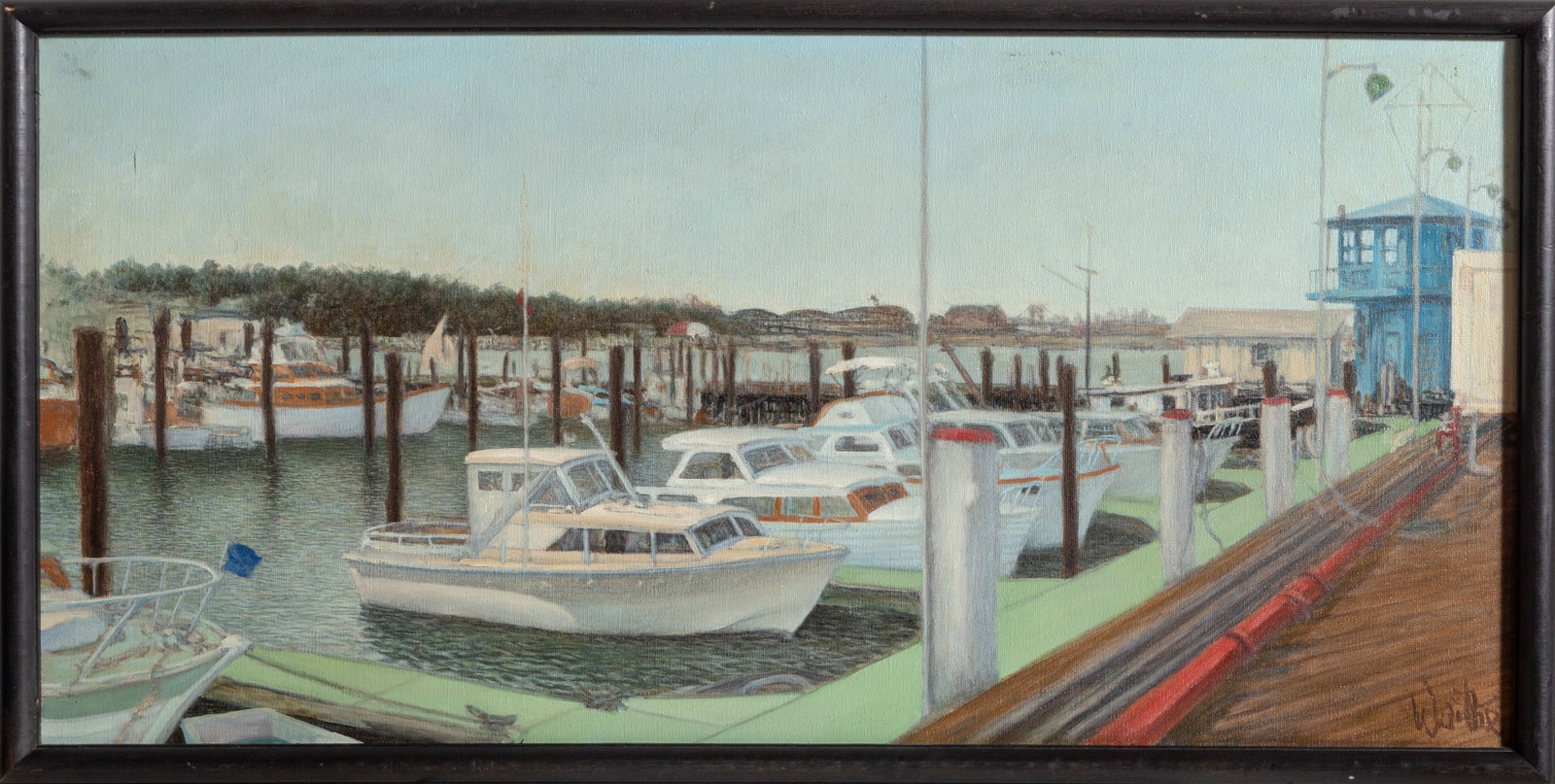 William Waithe, Marina, Painting: Artist: William Waithe, American (19?? - 2005) Title: Marina Year: circa 1980 Medium: Oil on canvas, signed lower right Image Size: 15.75 x 31.5 inches Frame Size: 17.5 x 33.5 inches
