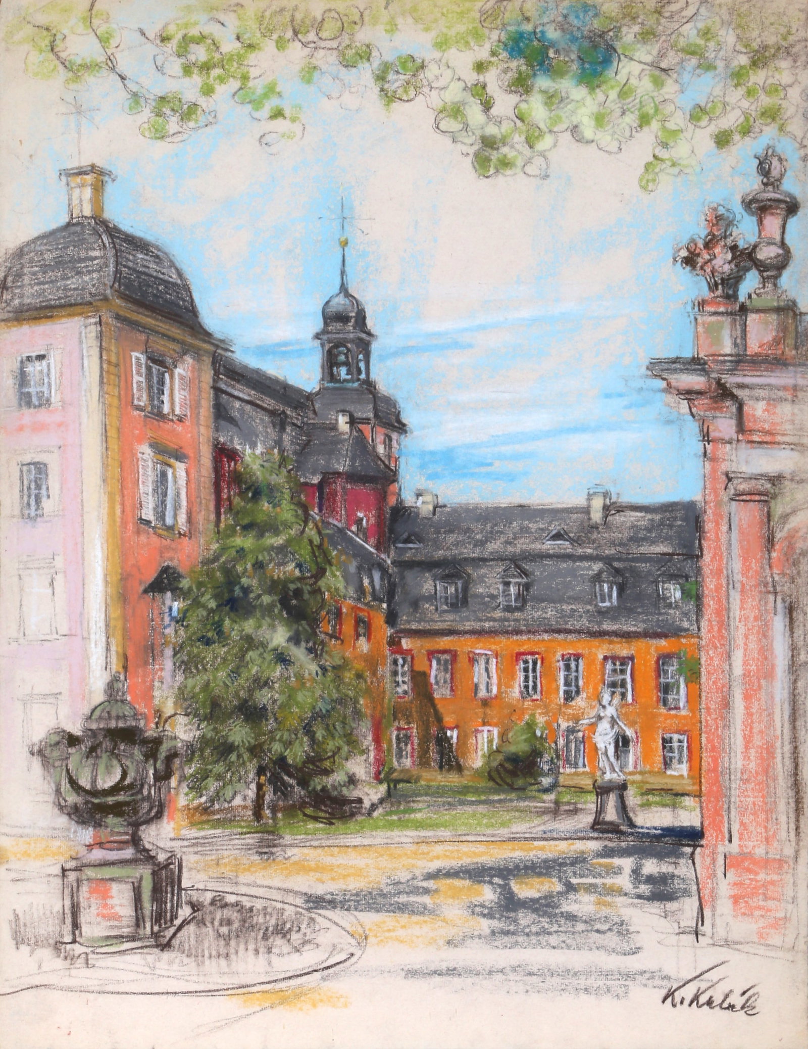 Kamil Kubik, Courtyard with Sculpture, Pastel on Paper (1 of 2)