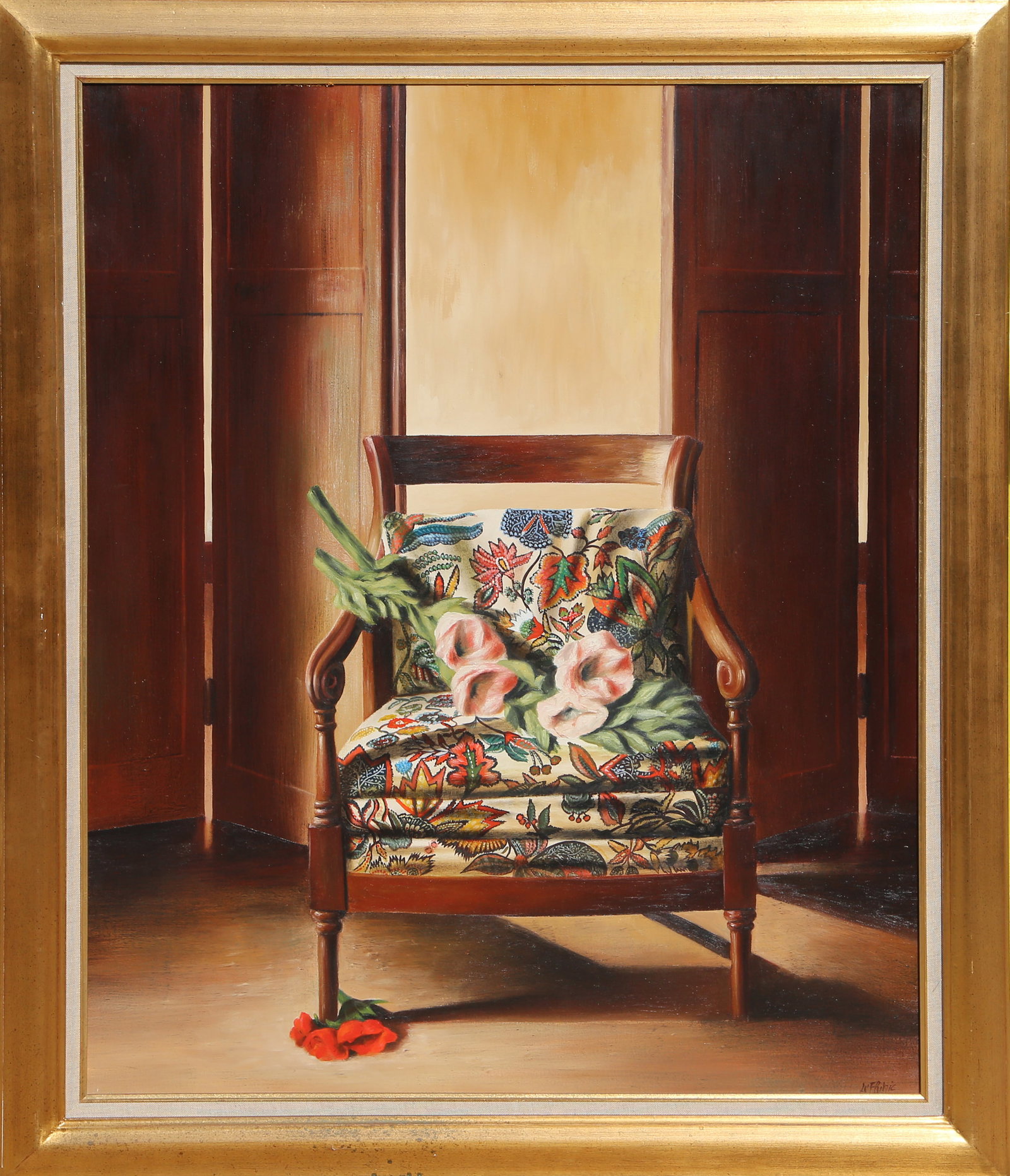 Patrick Le Flohic, Le Fauteuil aux Fleurs, Painting: Artist: Patrick Le Flohic, French (1957 - ) Title: Le Fauteuil aux Fleurs Medium: Oil on Canvas, signed lower right, titled on verso Size: 39.5 x 32 in. (100.33 x 81.28 cm) Frame Size: 45 x 38 inches