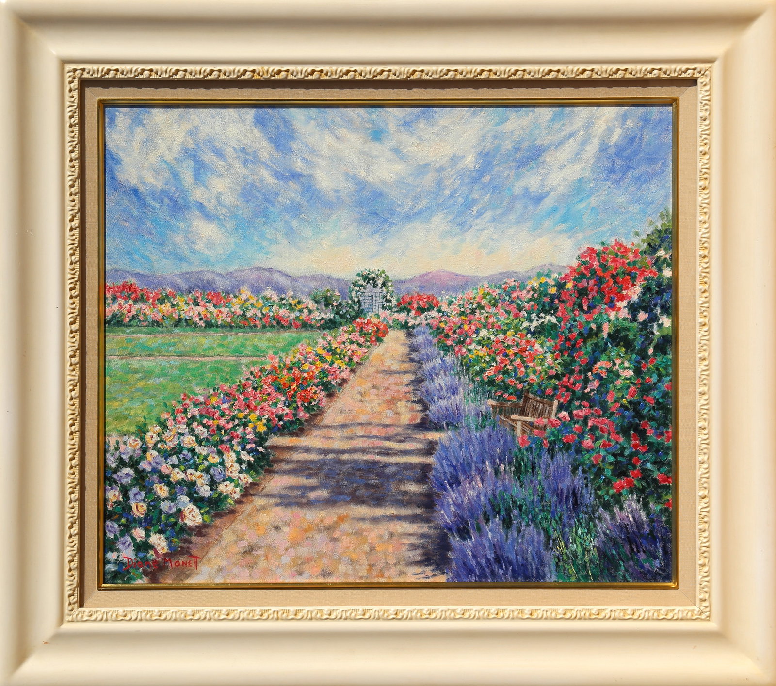 Diane Monet, Place to Dream, Painting: Artist: Diane Monet, American Title: Place to Dream Medium: Oil on Canvas, signed Size: 20 x 24 in. (50.8 x 60.96 cm) Frame Size: 28 x 32 inches Description: Diane Monet's exquisite landscape features