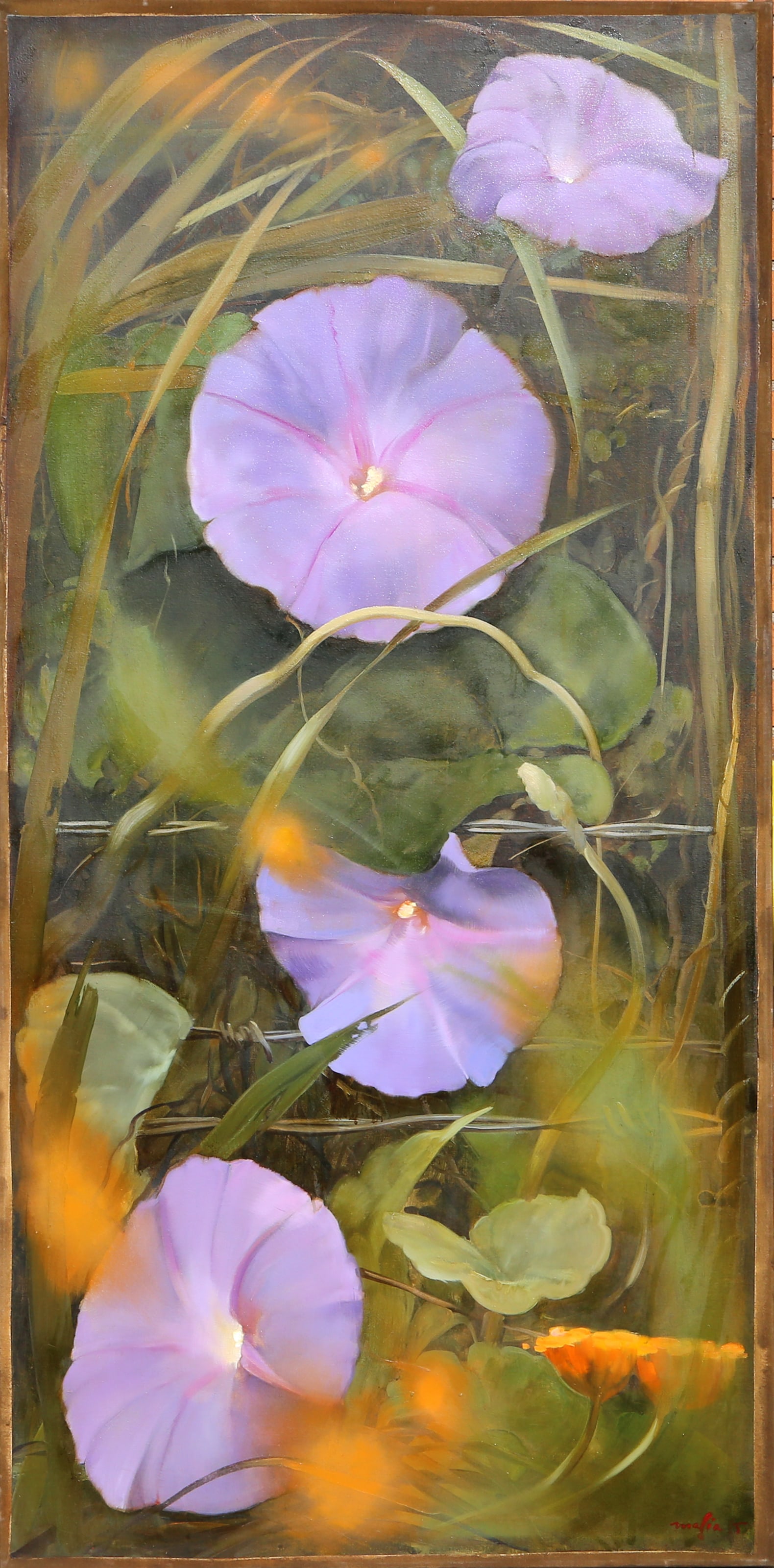 Daniel Maffia, Pink Nasturtiums, Painting: Artist: Daniel Maffia, French (1937 - ) Title: Pink Nasturtiums Year: 1985 Medium: Oil on Canvas, signed lower right Size: 71.5 x 36 in. (181.61 x 91.44 cm)