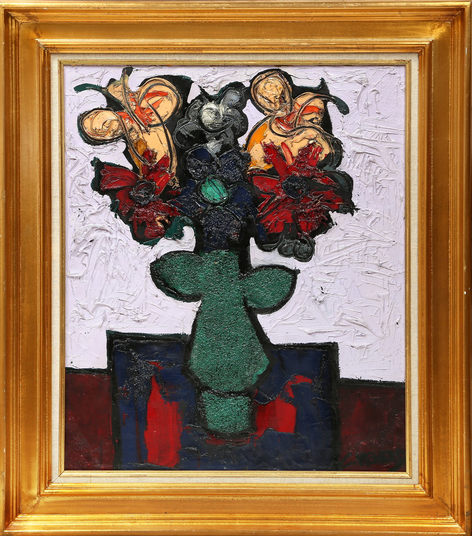 Claude Venard, Nature morte florale, Oil and Sand on Canvas: Artist: Claude Venard, French 1913-1999 Title: Nature morte florale Year: 1974 Medium: Oil and Sand on Canvas, signed lower right Size: 25.5 x 21.5 in. (64.77 x 54.61 cm) Frame Size: 33 x 28.5 inches 