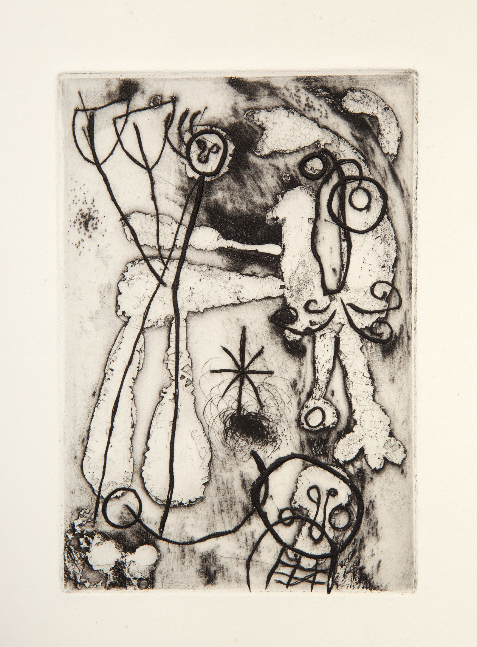 Joan Miro, Anti Platon (D 312), Etching: Artist: Joan Miro, Spanish 1893-1983 Title: Anti Platon (D 312) Year: 1962 Medium: Etching on Rives Edition: 125 Image Size: 5 x 3.5 inches Size: 12 x 9 in. (30.48 x 22.86 cm) Printer: Lacouriere et F