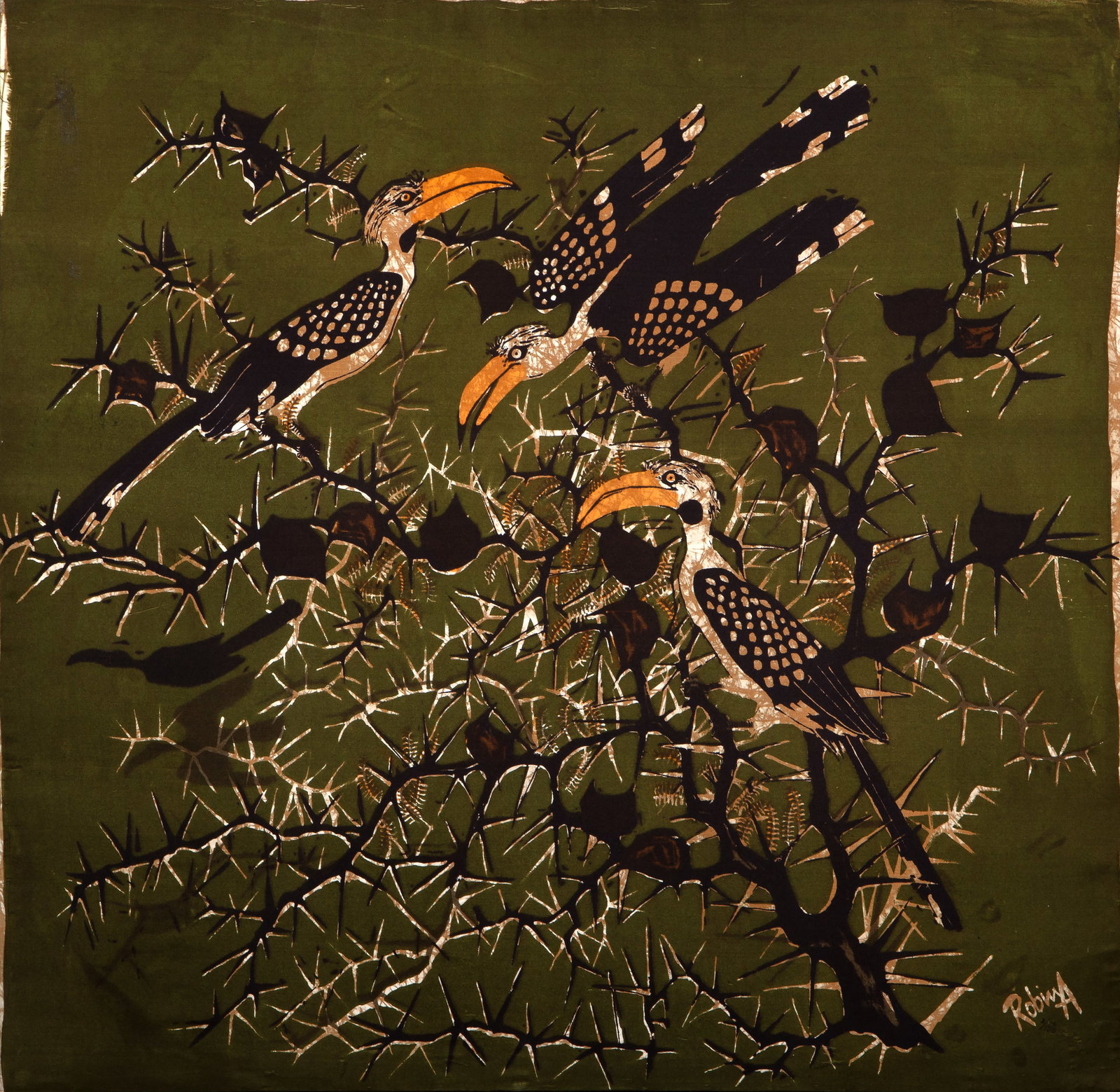 Robin Anderson, Birds Nest, Screenprint: Artist: Robin Anderson, Kenyan 1924-2012 Title: Birds Nest Medium: Screenprint on Silk Mounted to board, signed in the plate and numbered in pencil Edition: 77/100 Size: 29.5 x 30.5 in. (74.93 x 77.47