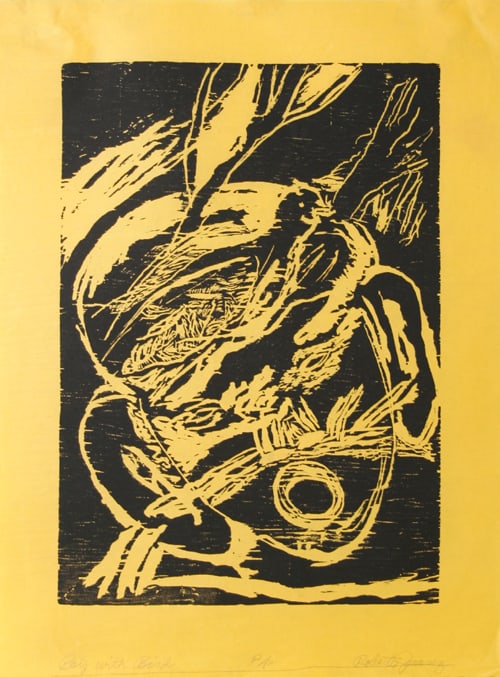 Roberto Juarez, Boy with Bird (black), Woodcut on Yellow Wove Paper: Artist: Roberto Juarez, American (1952 - ) Title: Boy with Bird (black) Year: 1983 Medium: Woodcut on Yellow Wove Paper, Signed and Numbered in Pencil Edition: 20 Size: 30 in. x 22 in. (76.2 cm x 55.8