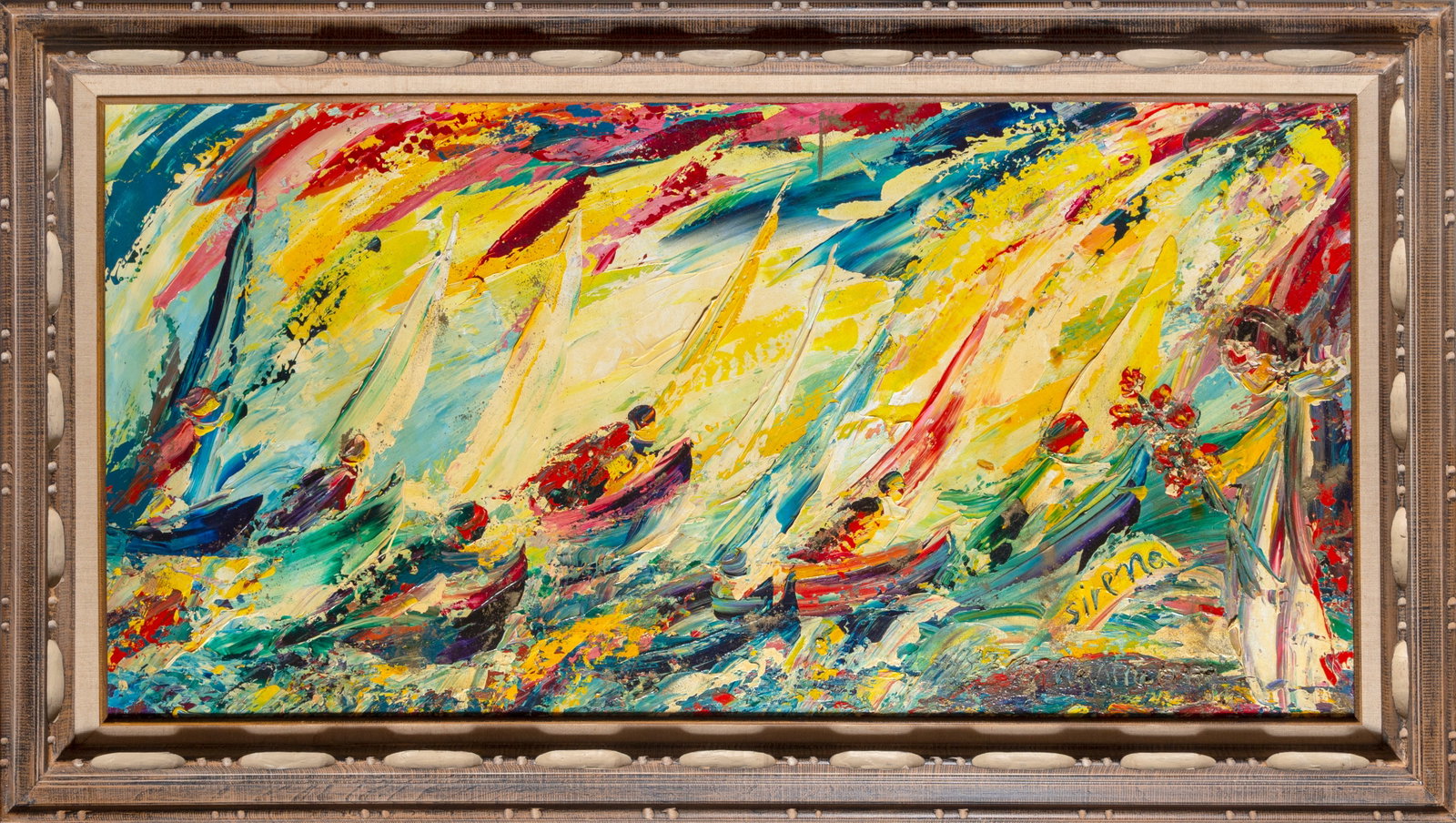 Sirena (aka Antonia Mastrocristino Sirena), Into the Waves, Painting: Artist: Sirena (aka Antonia Mastrocristino Sirena), American 1929-2006 Title: Into the Waves Year: 1982 Medium: Oil on masonite with gold dust, signed lower right Size: 24 x 48 in. (60.96 x 121.92 cm)